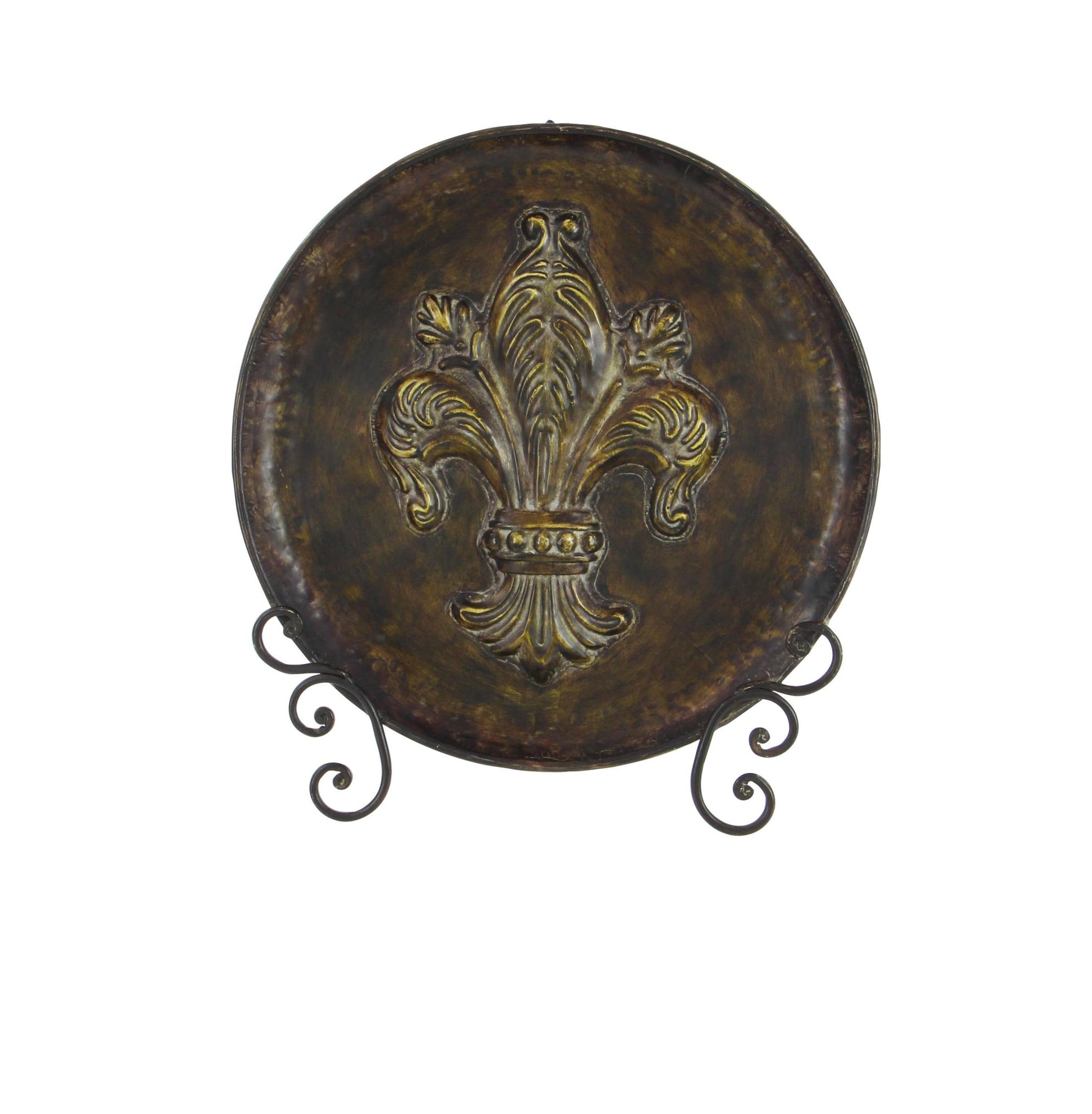 Fleur De Lis Brown Metal Embossed Detail Decorative Charger with Stand