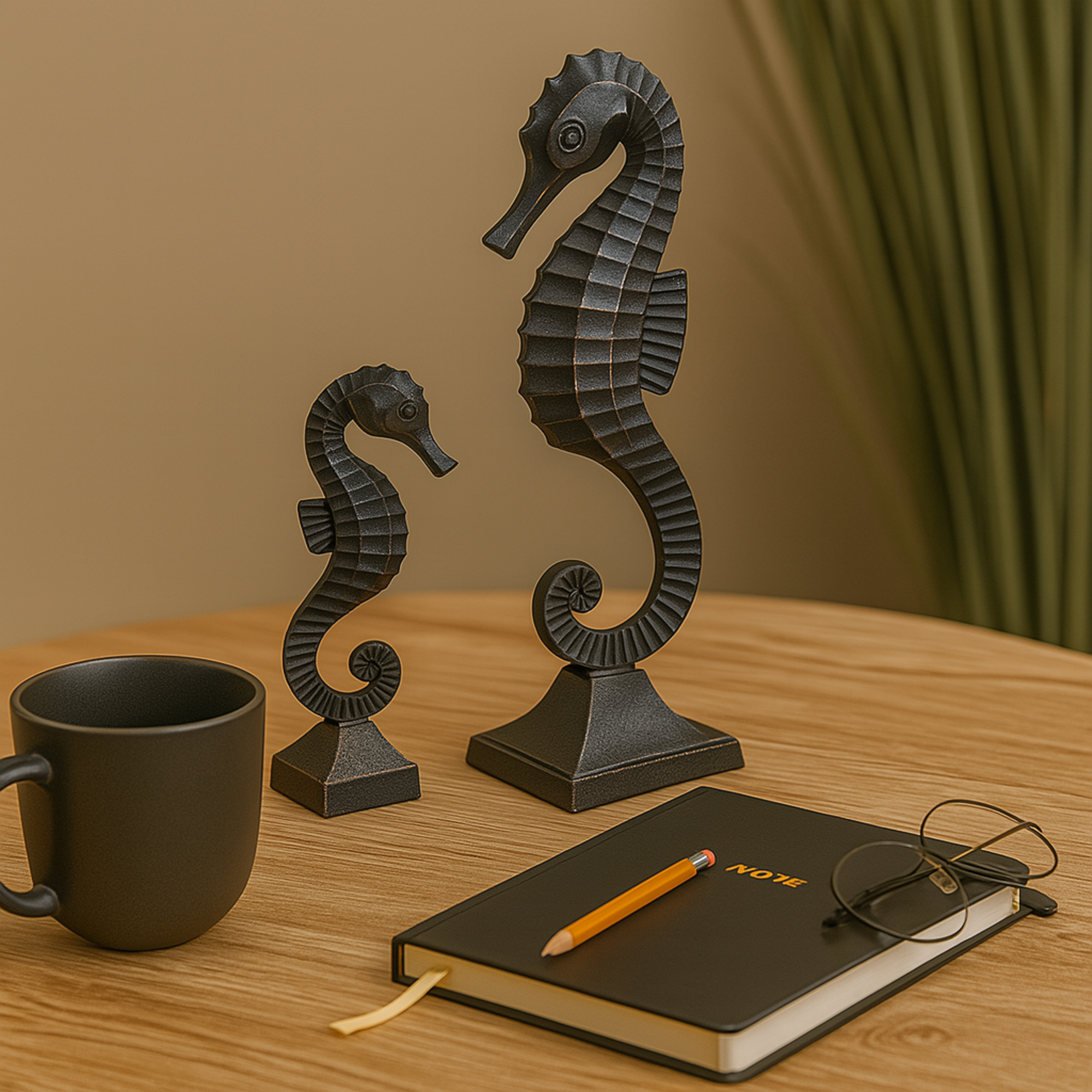 Set of 2 Sea Horse Black Aluminum Metal Decorative Sculpture with Square Bases