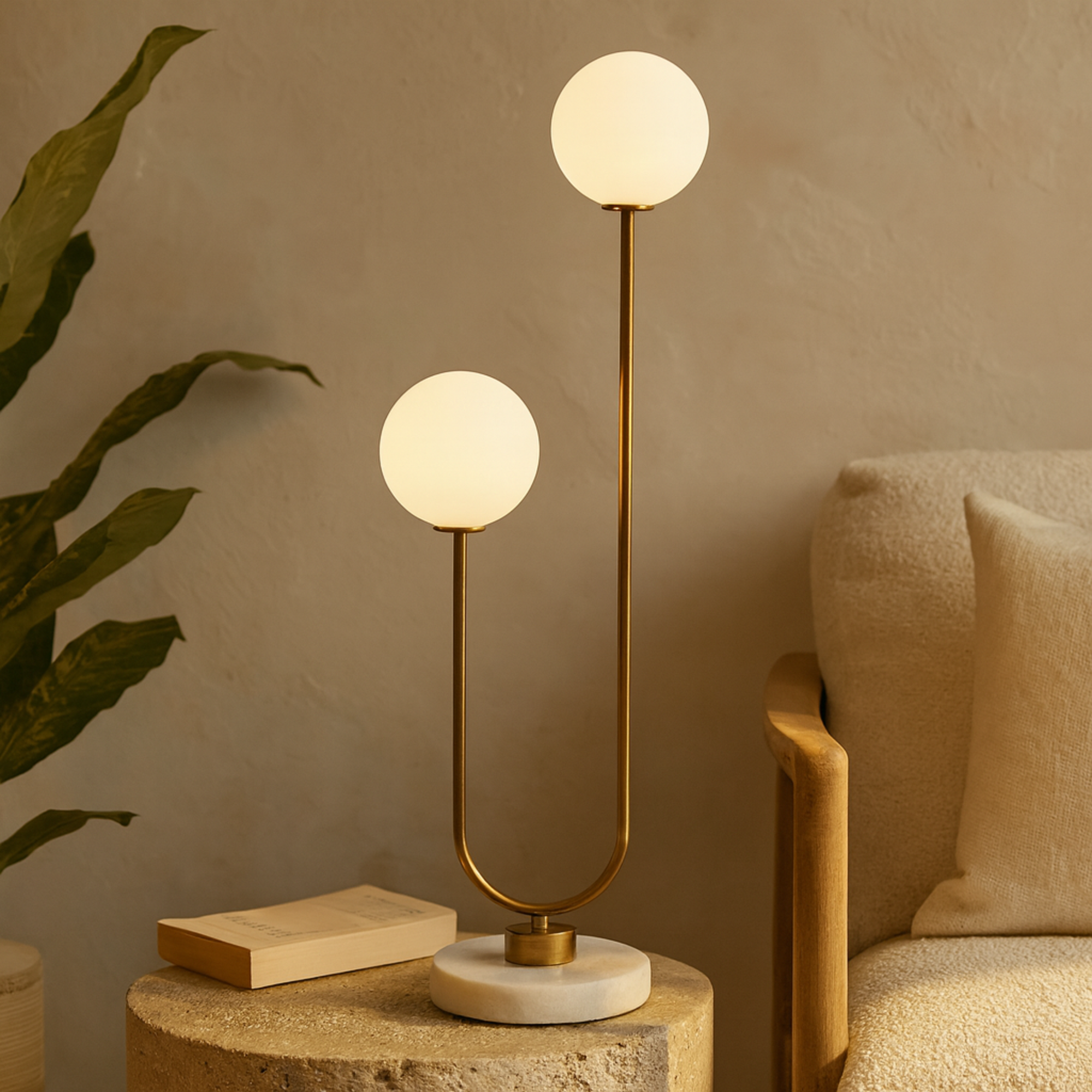 Gold Metal Curved Orb 2 Light Room Table Lamp with White Glass Shades and Marble Base