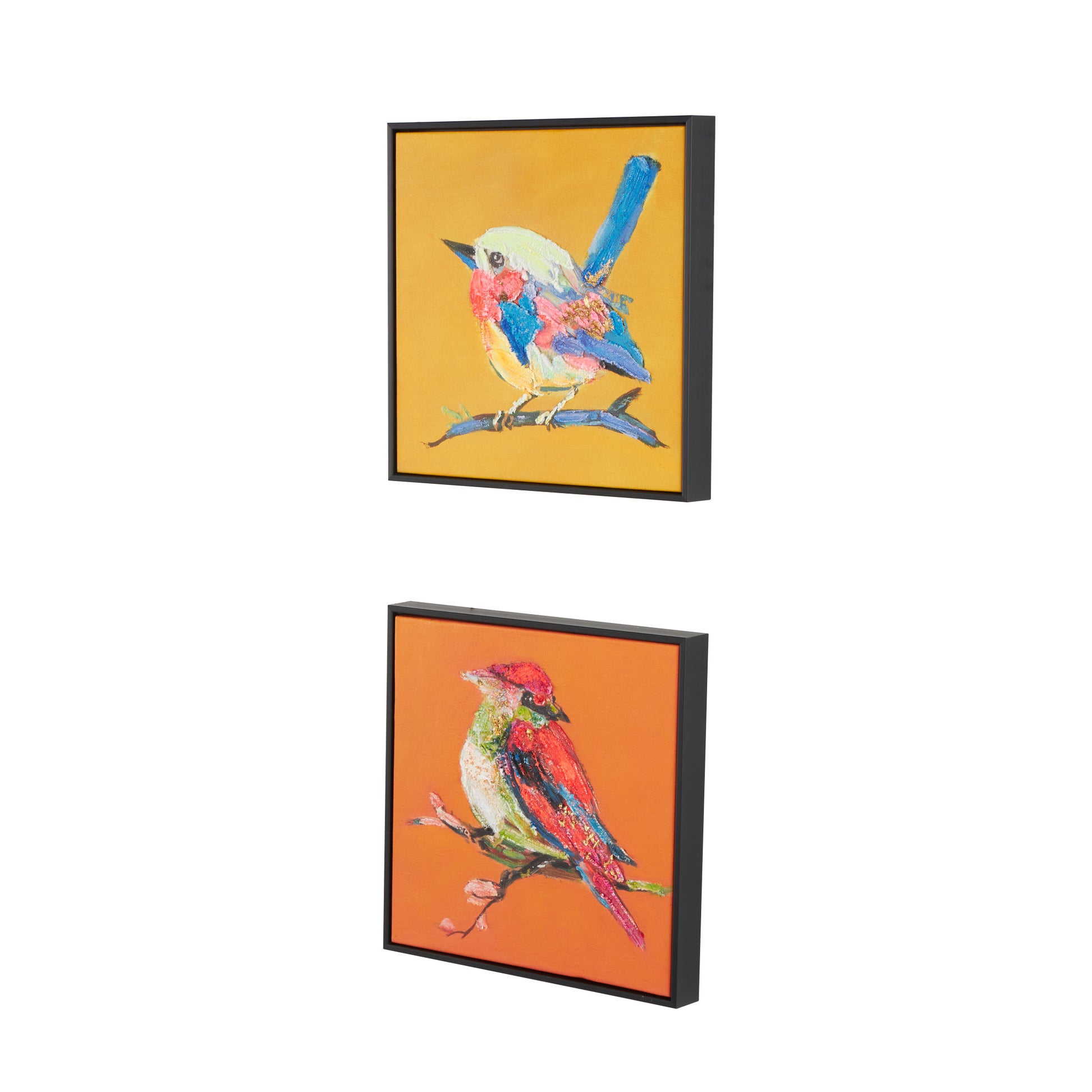 Set of 2 Bird Multi Colored Canvas Colorful Living Room Framed Wall Art with Black Frame and Gold Foil Accents