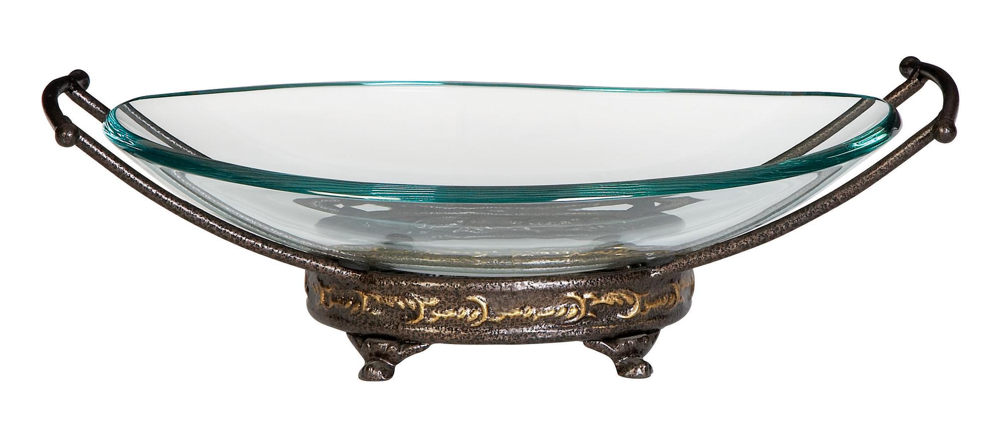 Kitchen Clear Tempered Glass Decorative Serving Bowl with Brown Metal Base