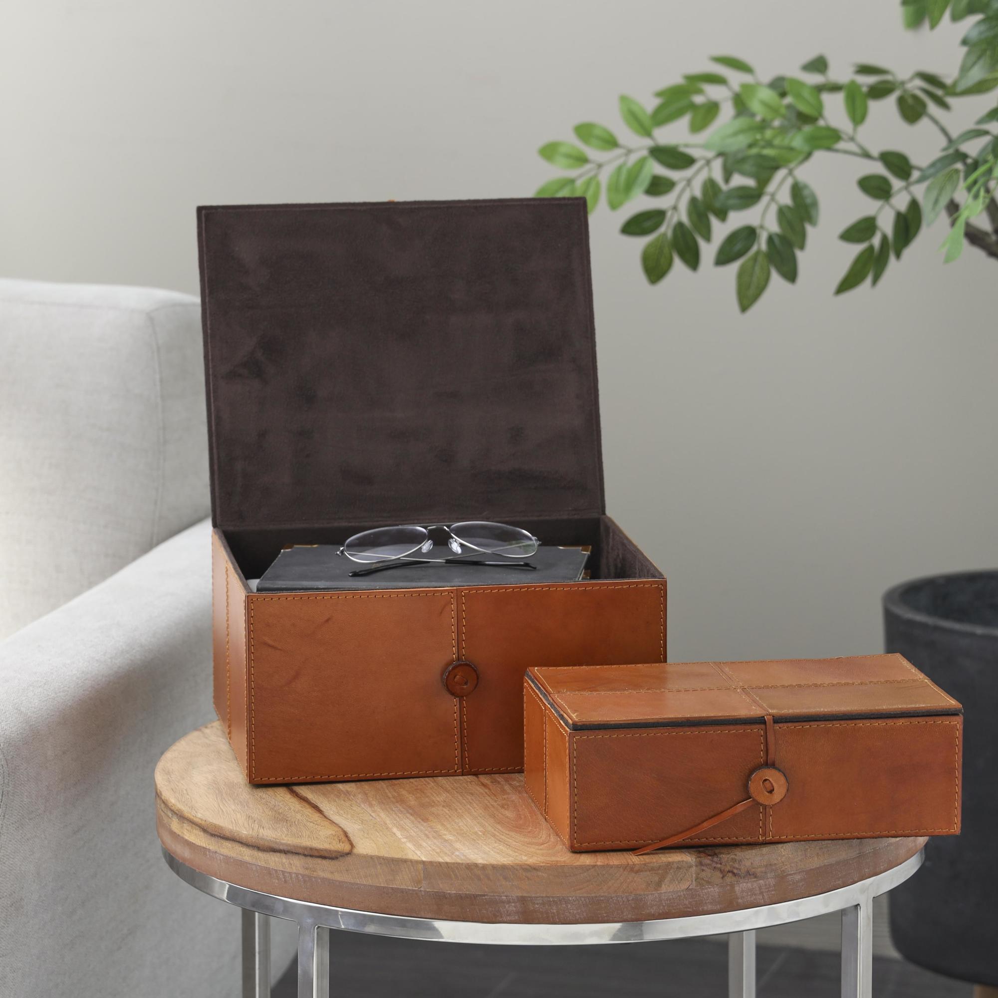 Set of 2 Leather Handmade Cowhide Storage Decorative Box with Leather Loop Closure and Stitching Detail
