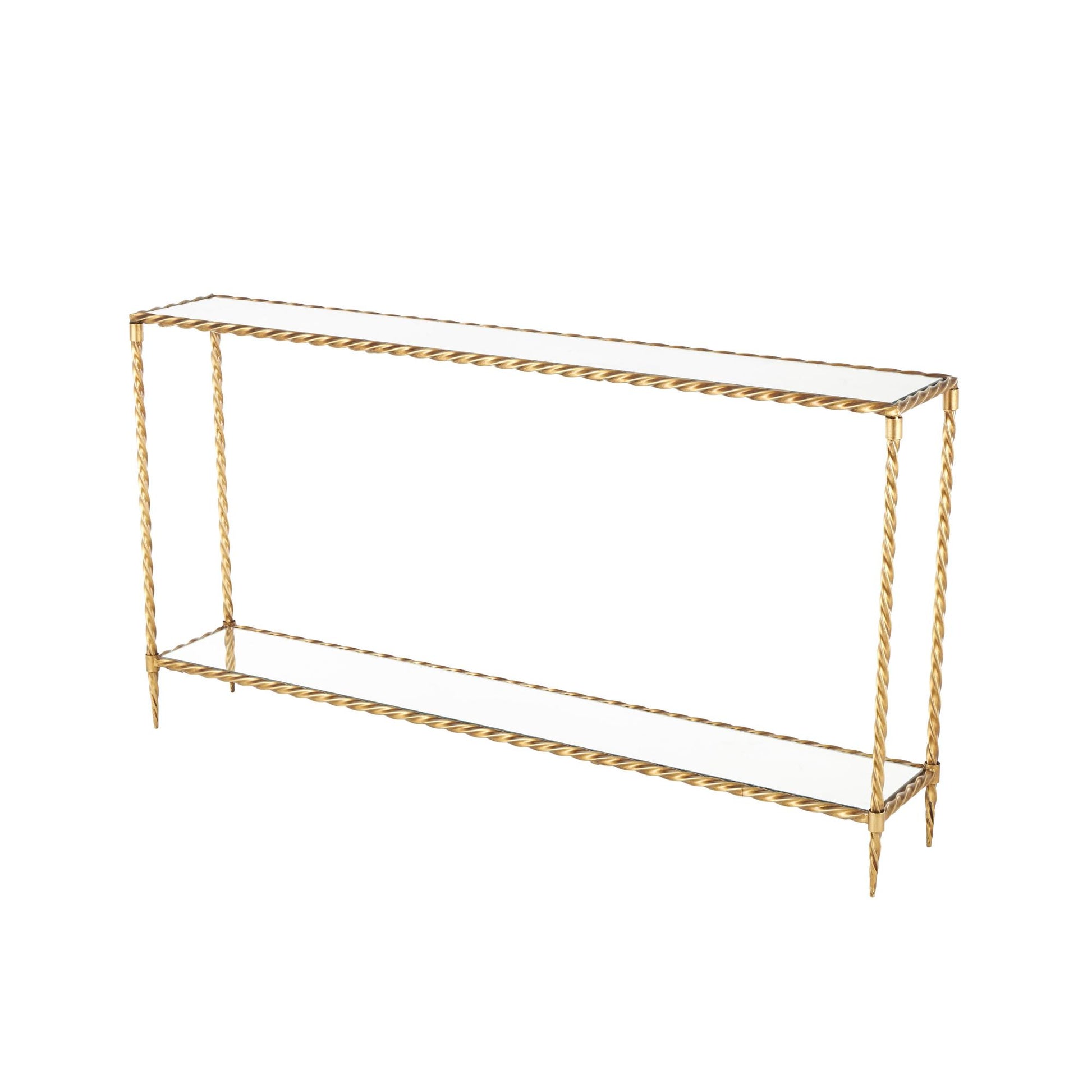 Gold Metal Twisted Rope Inspired Living Room Console Table with Mirrored Glass Top and Shelf