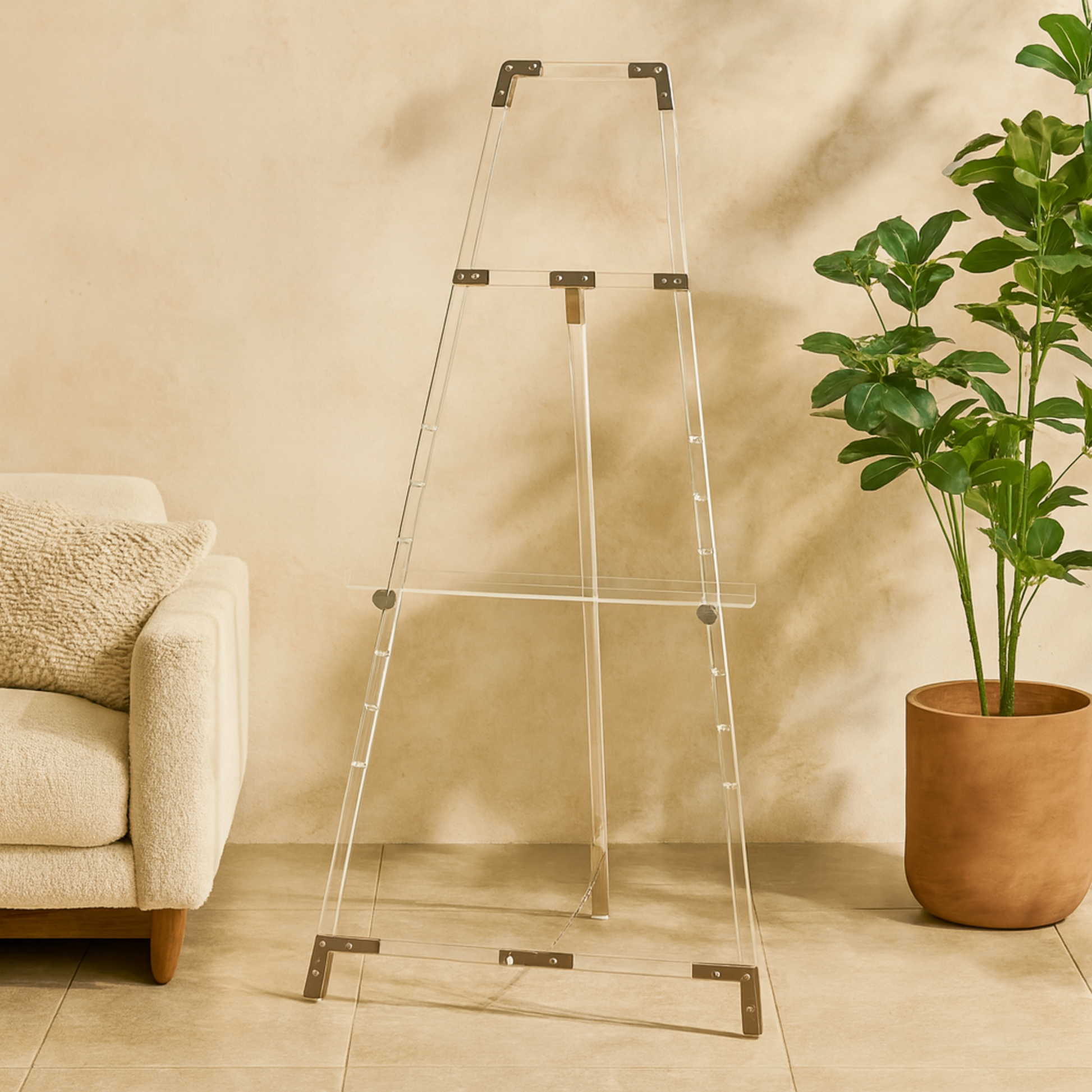 Acrylic Plastic Adjustable 7 Tier Display Easel with Gold Accents and Chain Support 24" x 20" x 57"