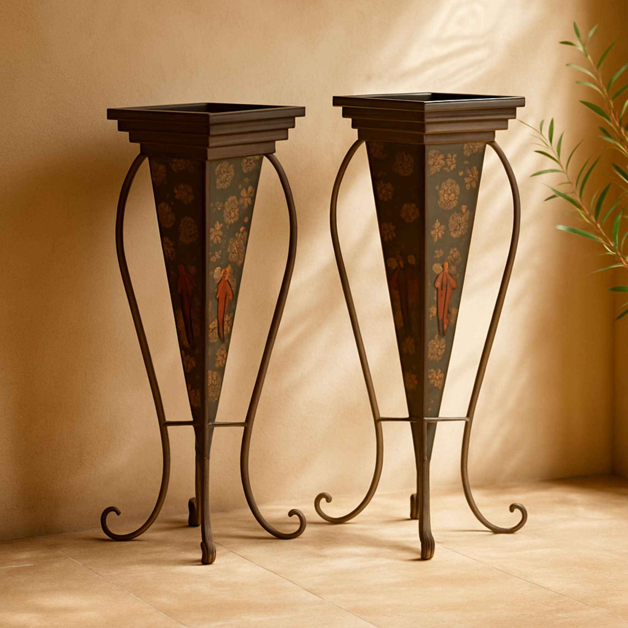 Set of 2 Scroll Brown Metal Indoor Outdoor Planter