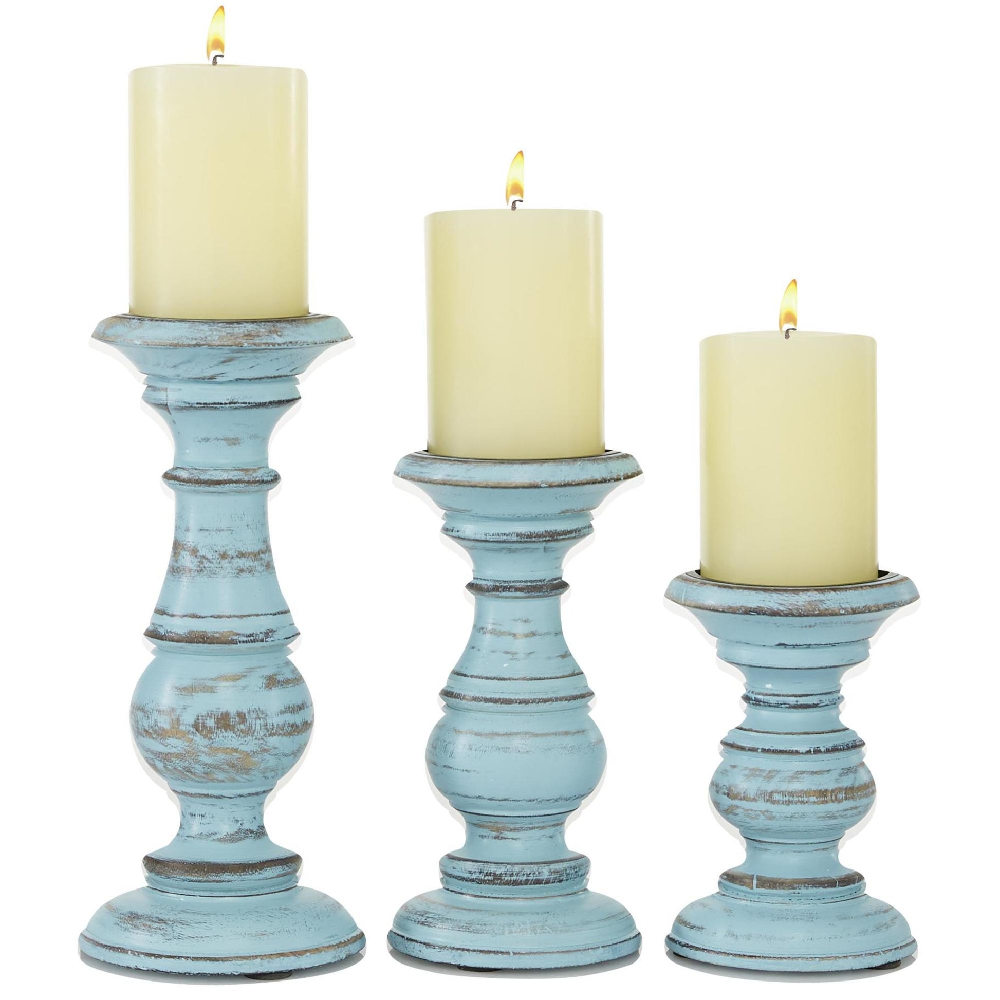 Set of 3 Mango Wood Distressed Turned Pillar Decorative Candle Holder
