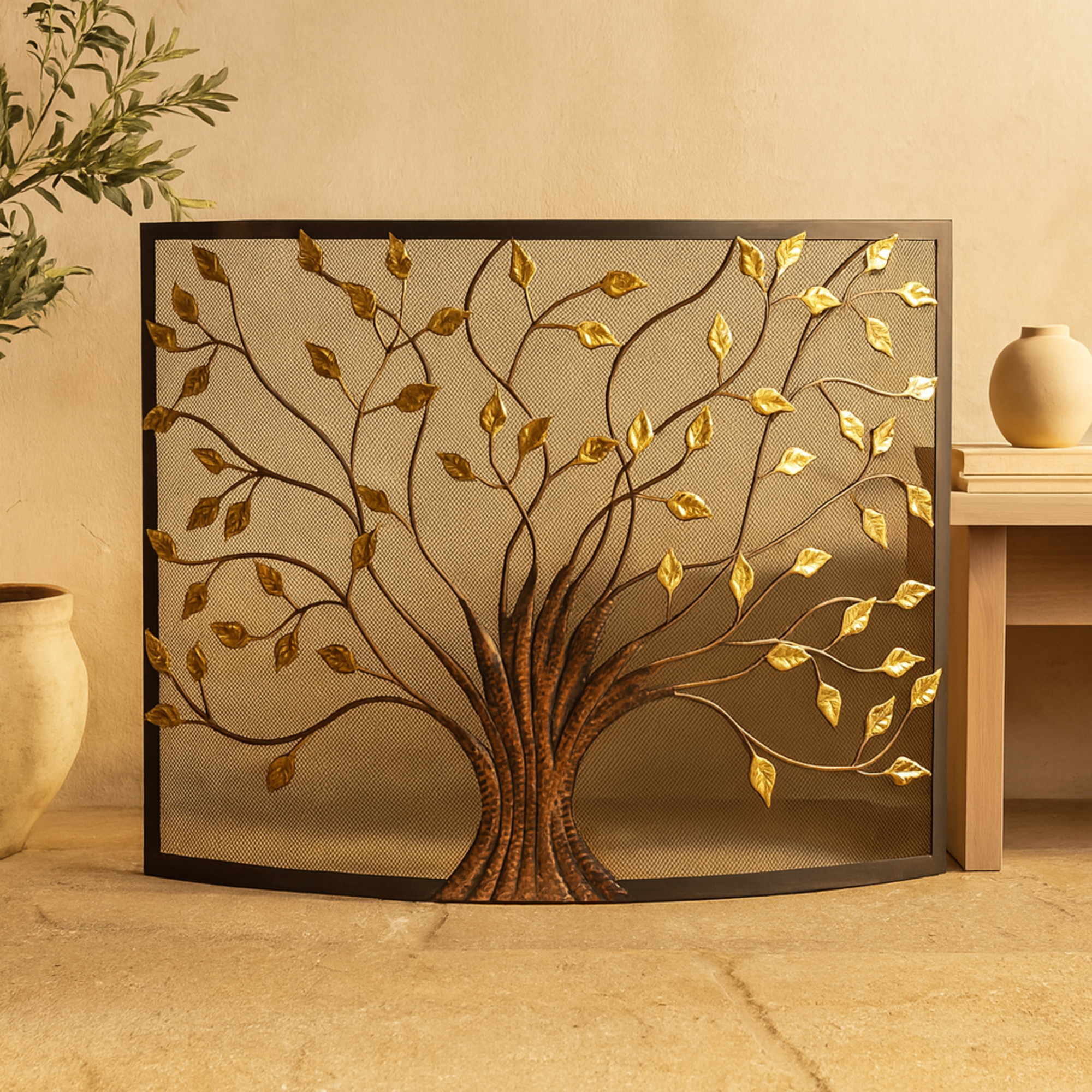 Tree Bronze Metal Sculpted Relief Single Panel Living Room Fireplace Screen with Curved Mesh Netting