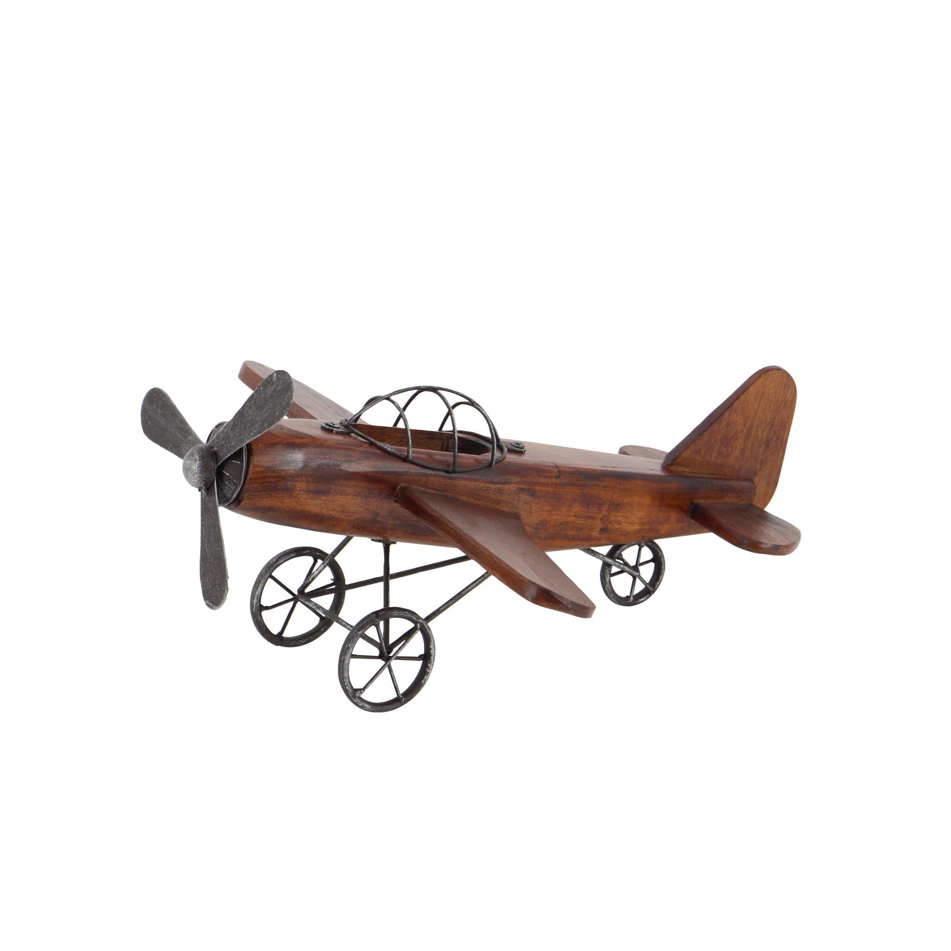 Airplane Brown Wood Decorative Sculpture with Gray Metal Accents