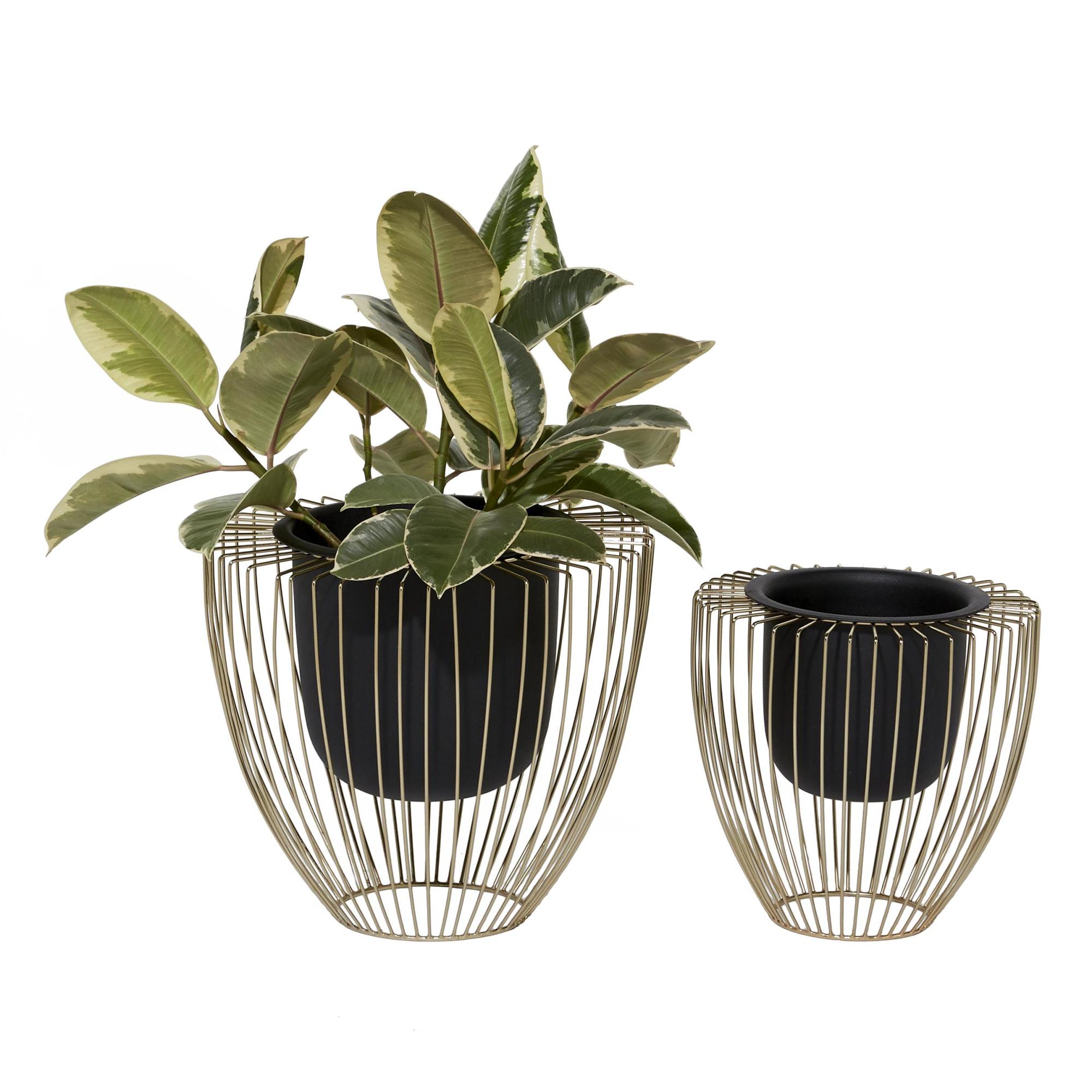 Set of 2 Black Metal Indoor Outdoor Planter with Removable Gold Wire Stand