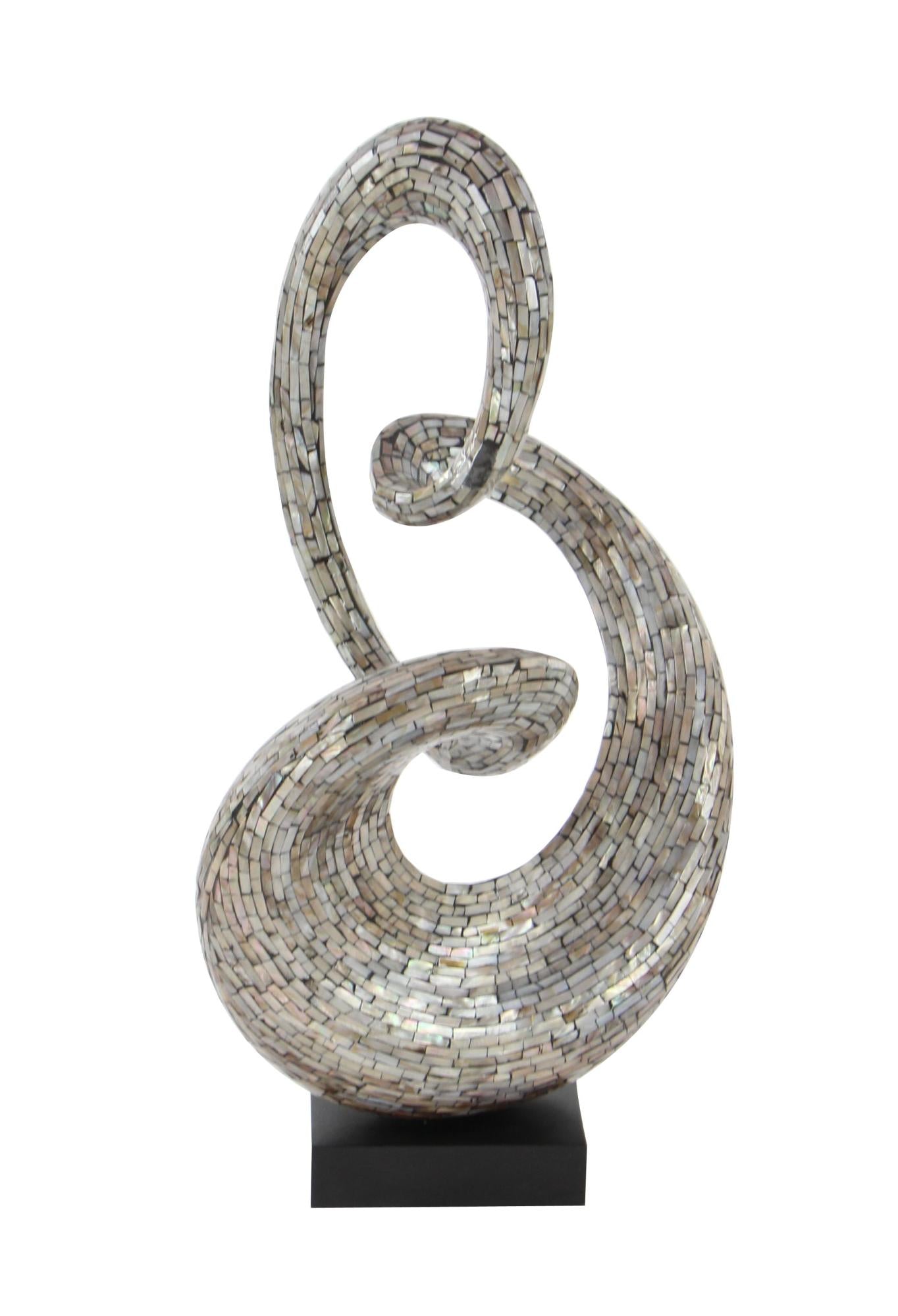 Abstract Gray Mother of Pearl Shell Swirl Decorative Sculpture with Black Base