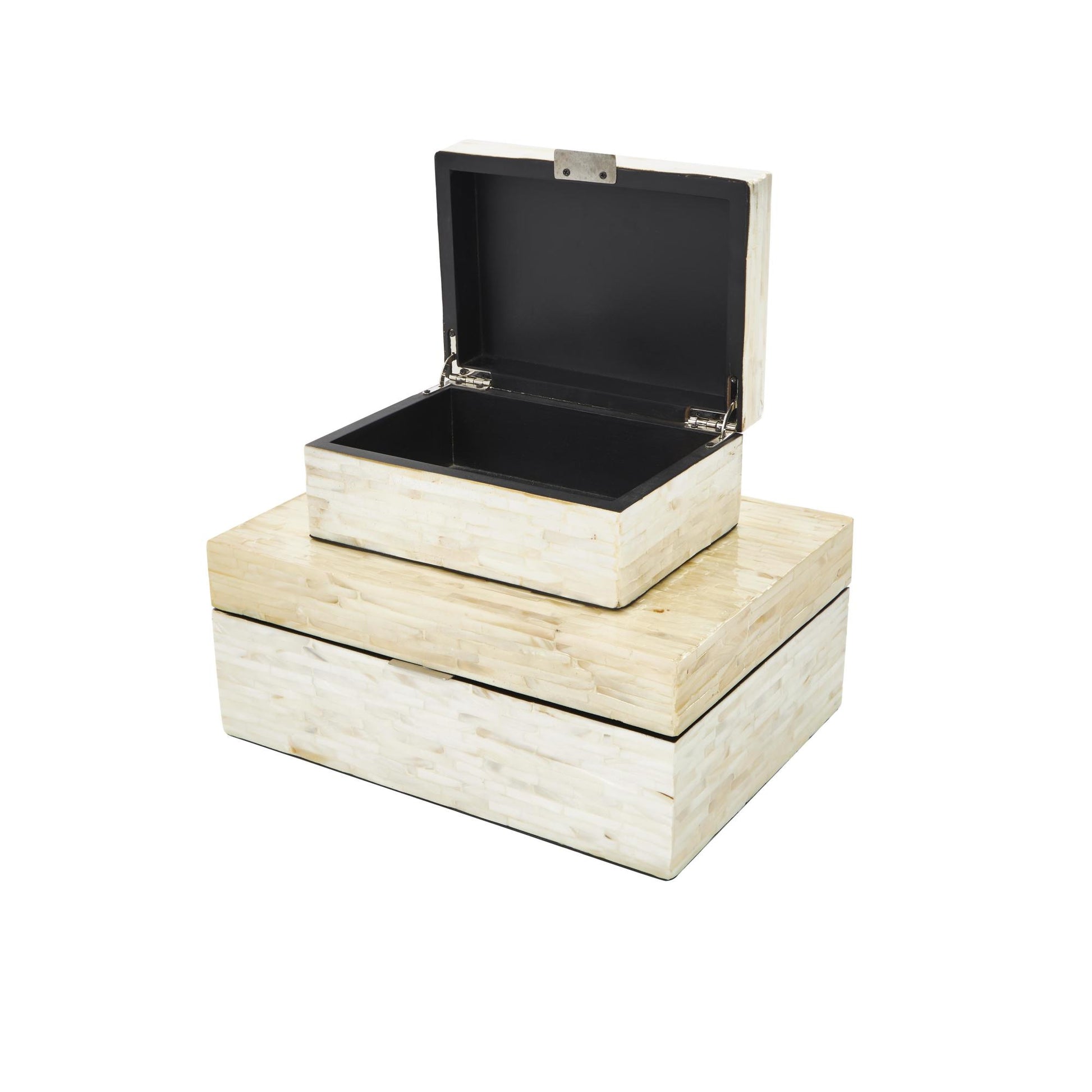 Set of 2 White Mother of Pearl Shell Handmade Decorative Box with Linear Mosaic Pattern and Hinged Lid