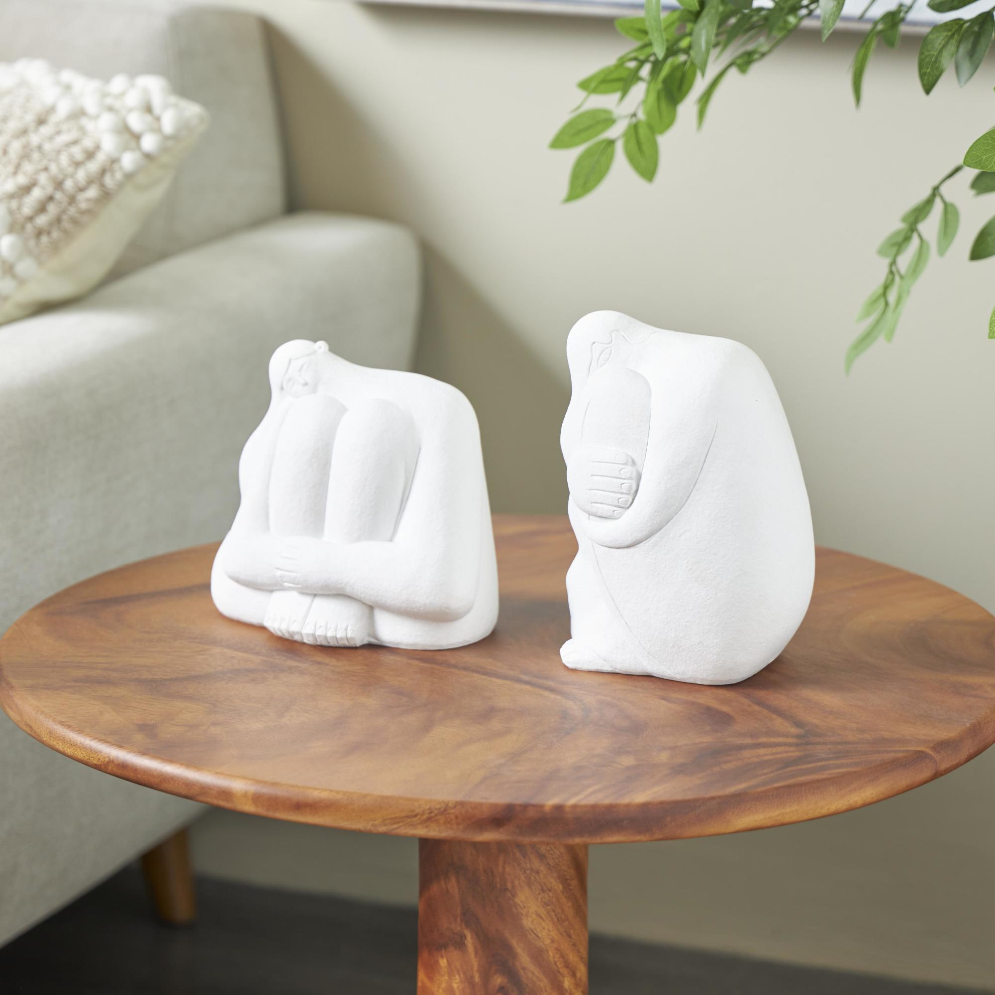 Set of 2 People White Resin Abstract Decorative Sculpture with Tucked Sitting Position