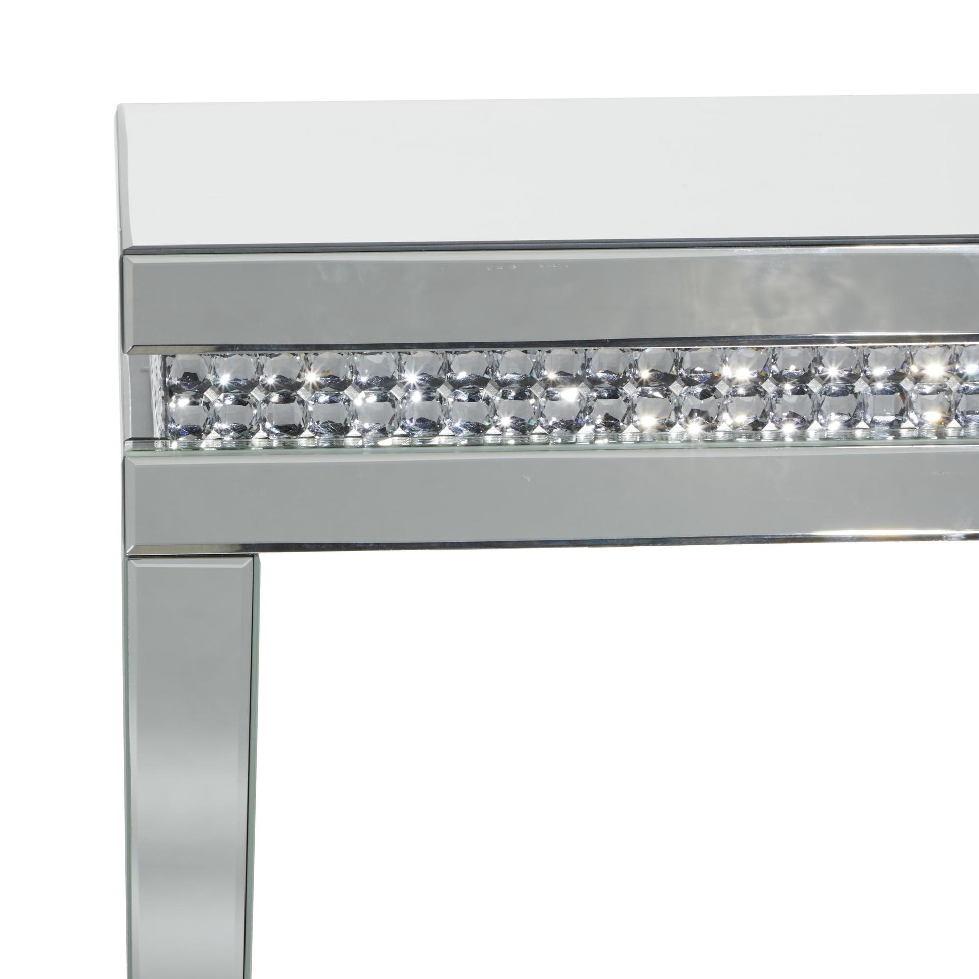 Silver Glass Mirrored Living Room Console Table with Crystal Studded Embellishments