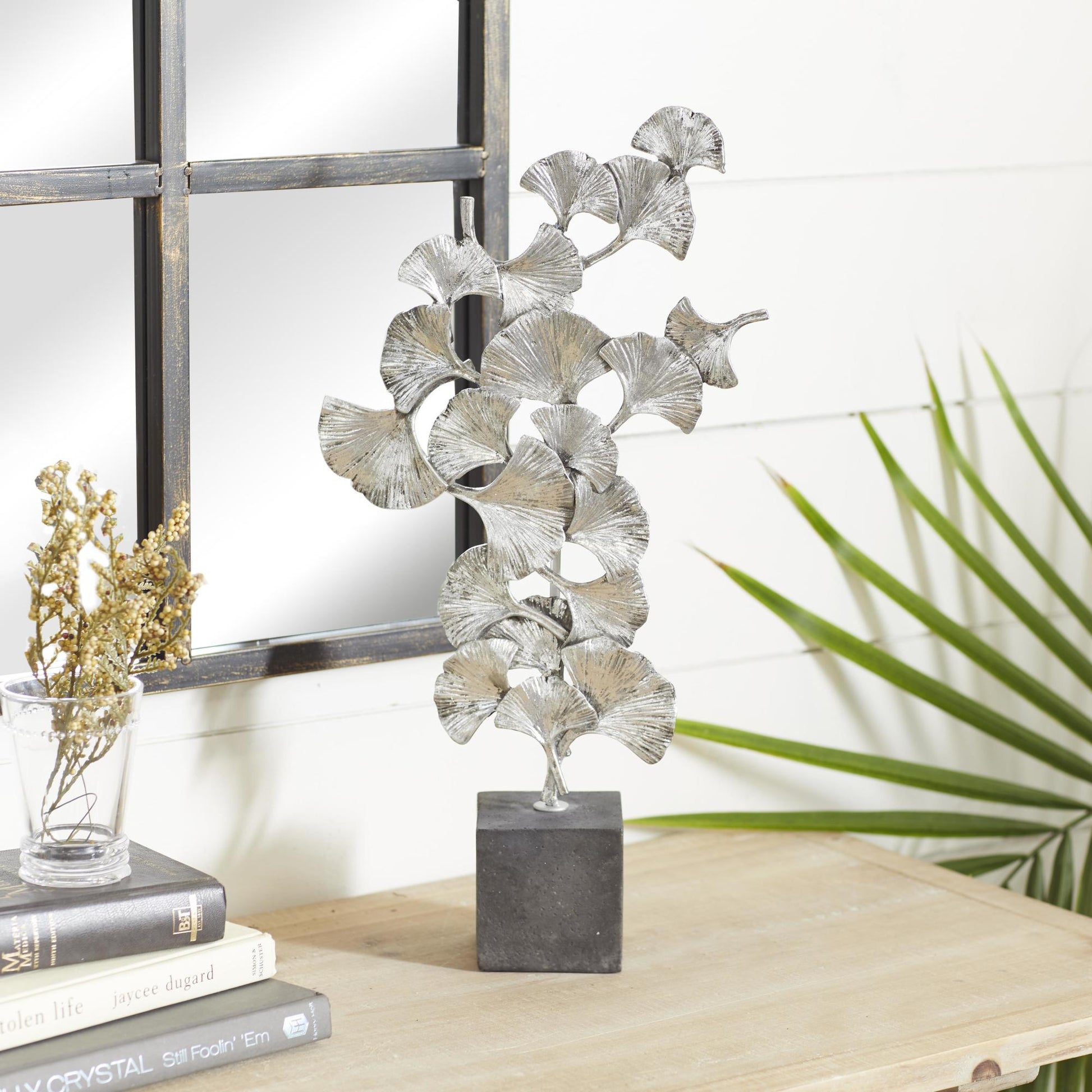 Floral Polystone Handmade Decorative Sculpture with Black Block Base
