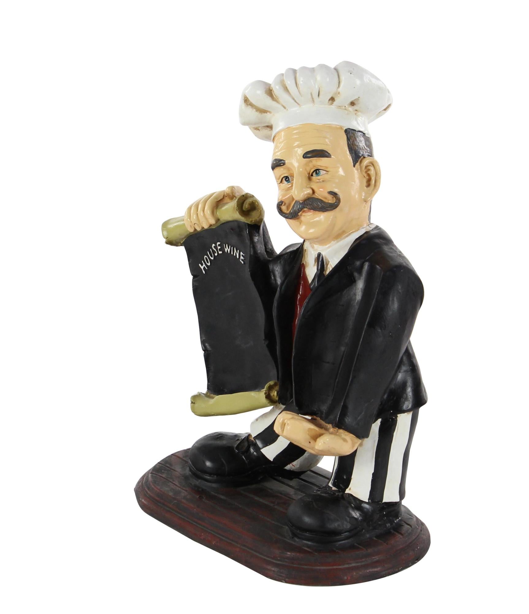 Chef Black Polystone Decorative Sculpture with Chalkboard and Wine Holder Slot
