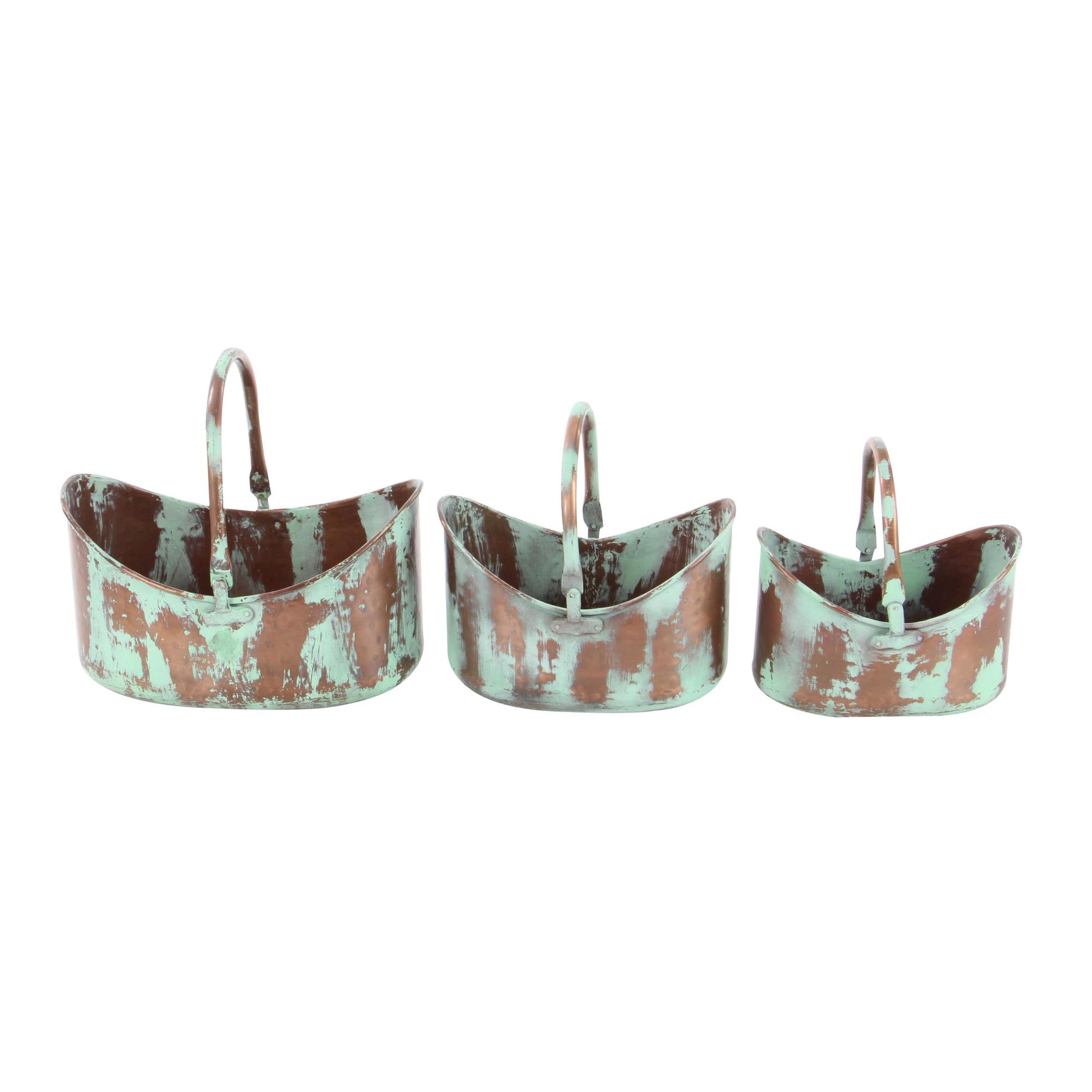Set of 3 Copper Metal Patina Tulip Style Bucket Indoor Outdoor Planter with Stationary Handles
