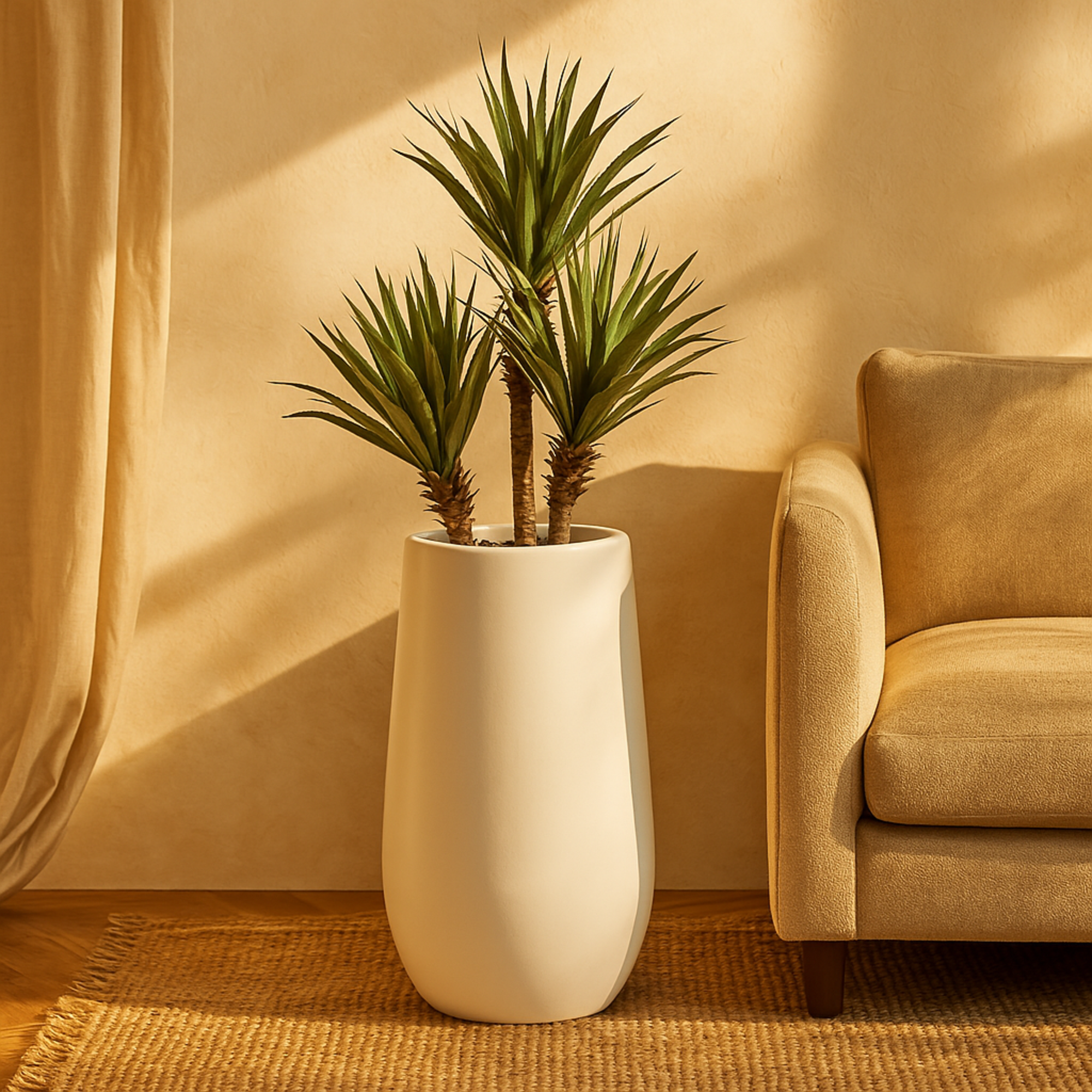 Date Palm Green Faux Foliage Indoor Outdoor Artificial Plant with Realistic Leaves and White Fiberglass Pot