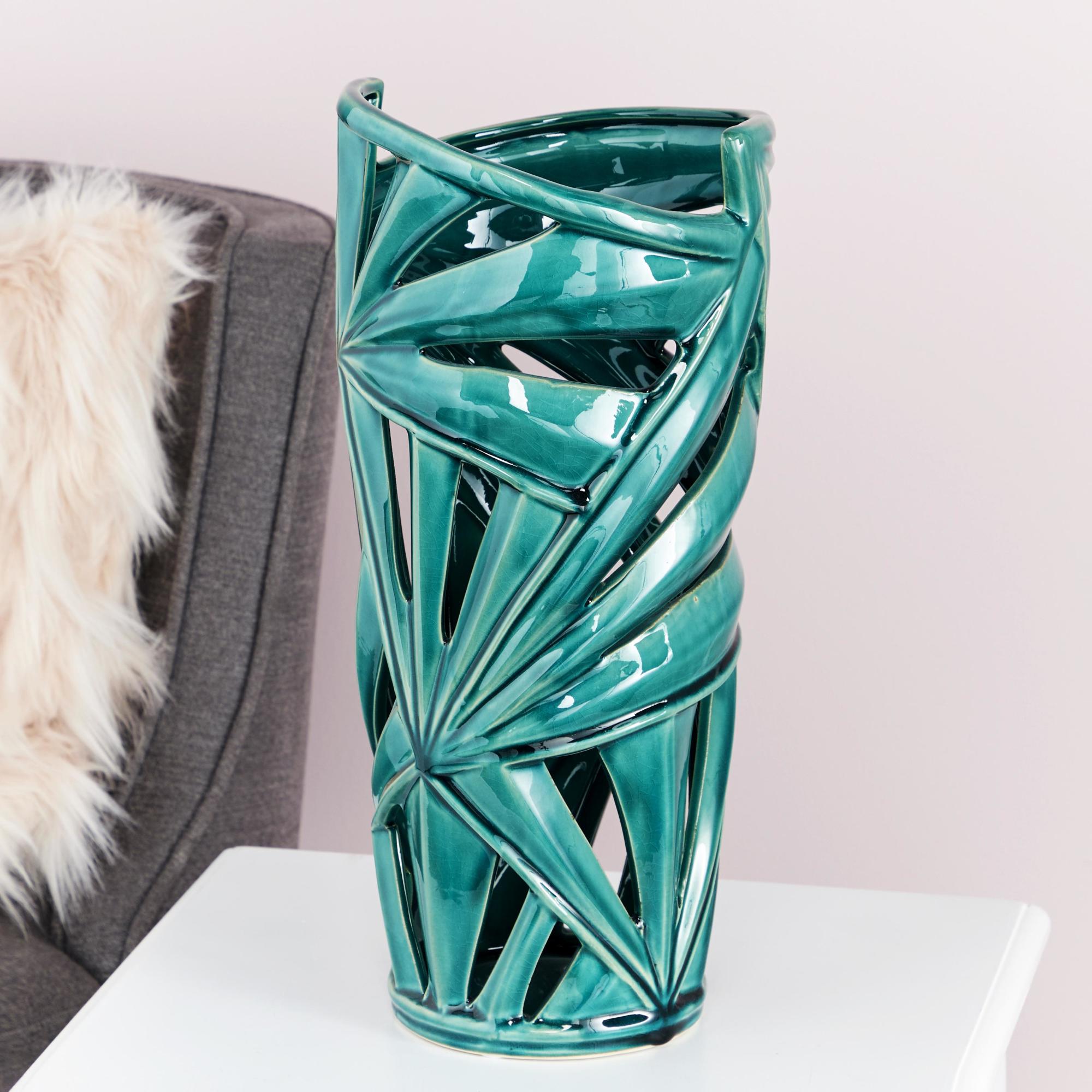 CosmoLiving by Cosmopolitan Leaf Green Ceramic Decorative Vase with Cut Out Deigns