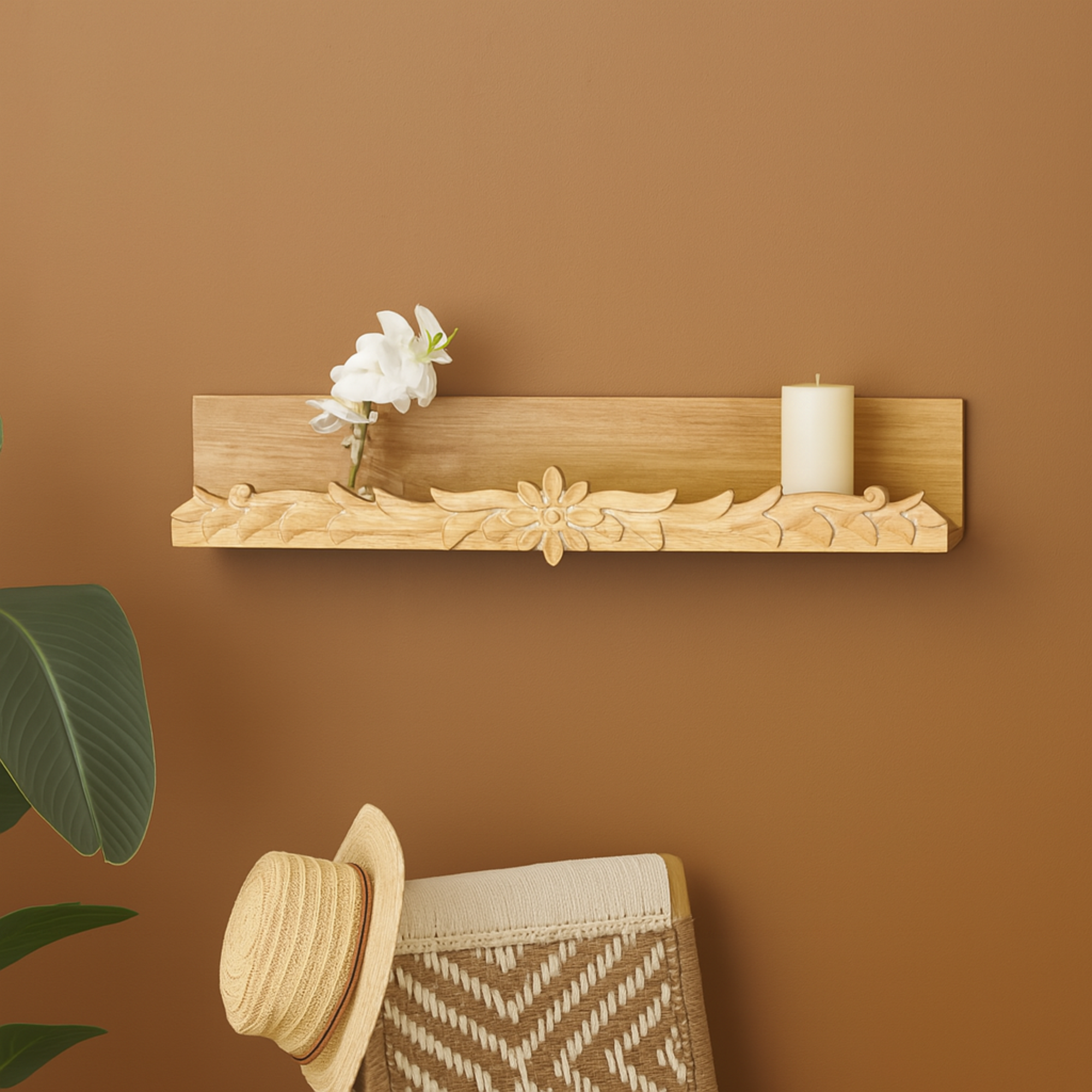 Floral Light Brown Wooden Room Wall Shelf with Carved Scroll Lip