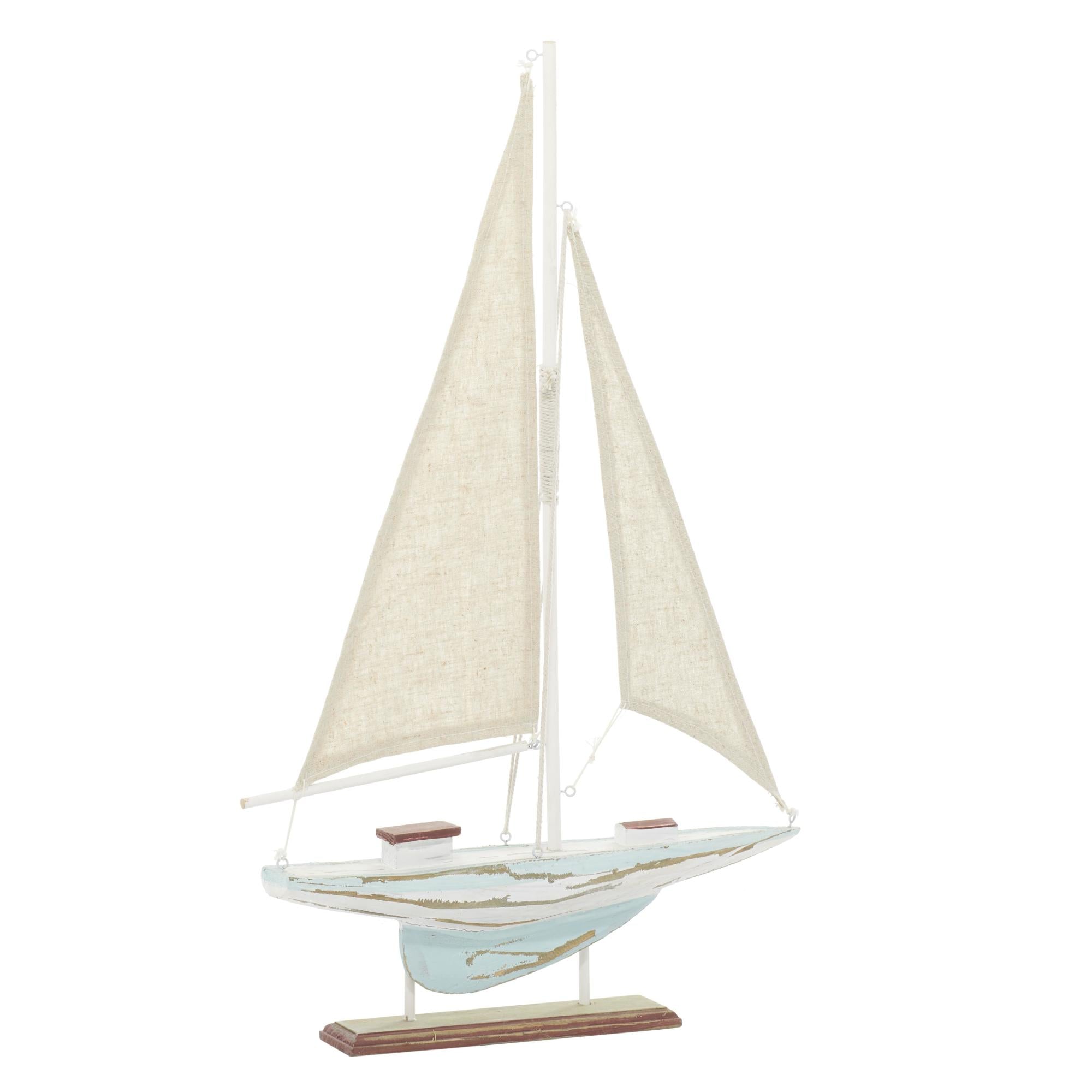 Sail Boat Blue Wood Distressed Decorative Sculpture with Cream Linen Sails and Brown Accents