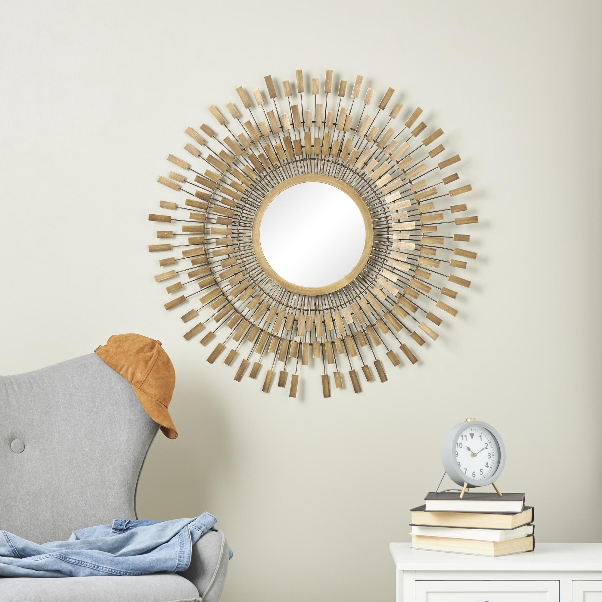 Starburst Gold Metal Wire Room Wall Mirror with Rectangular Tiles