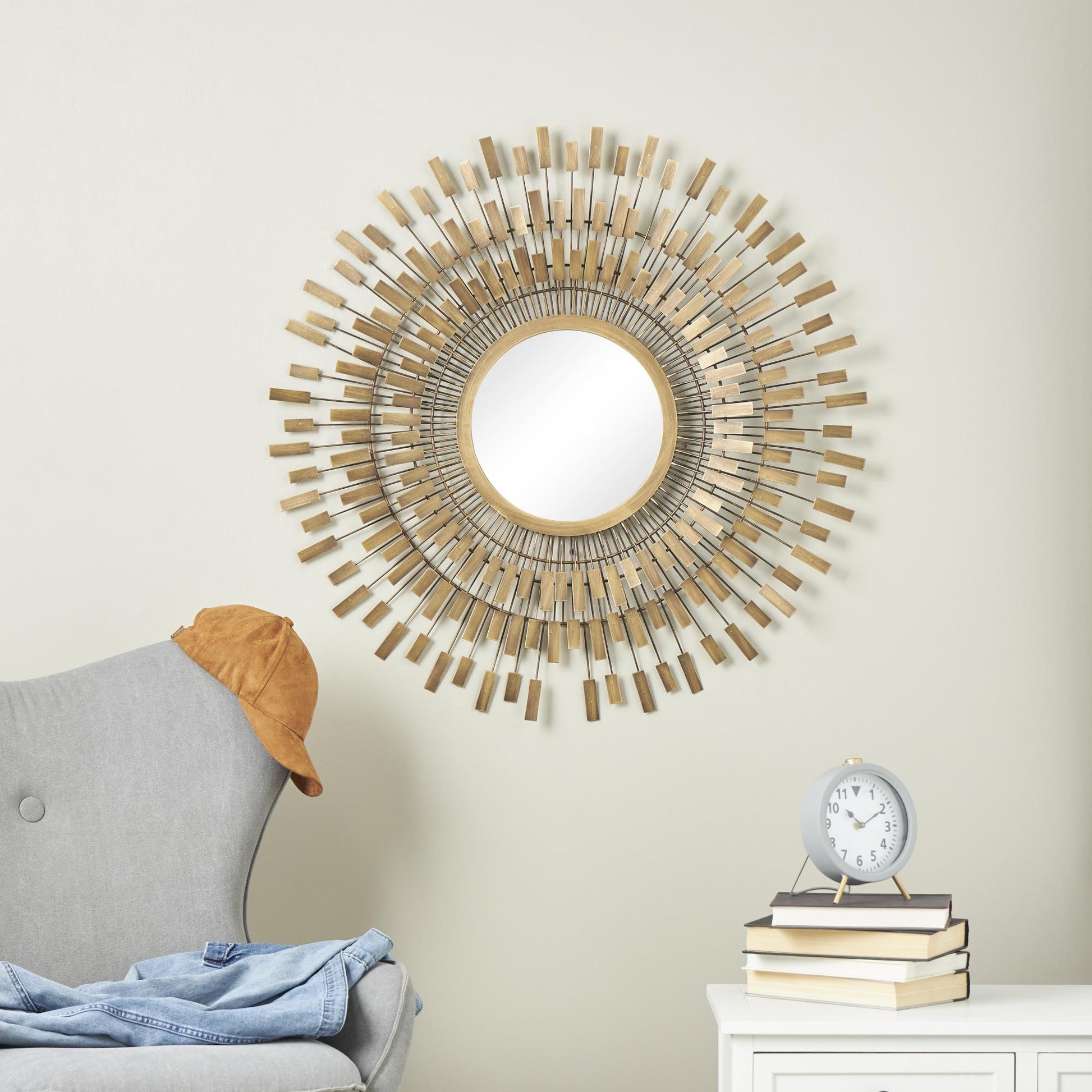 Starburst Gold Metal Wire Room Wall Mirror with Rectangular Tiles