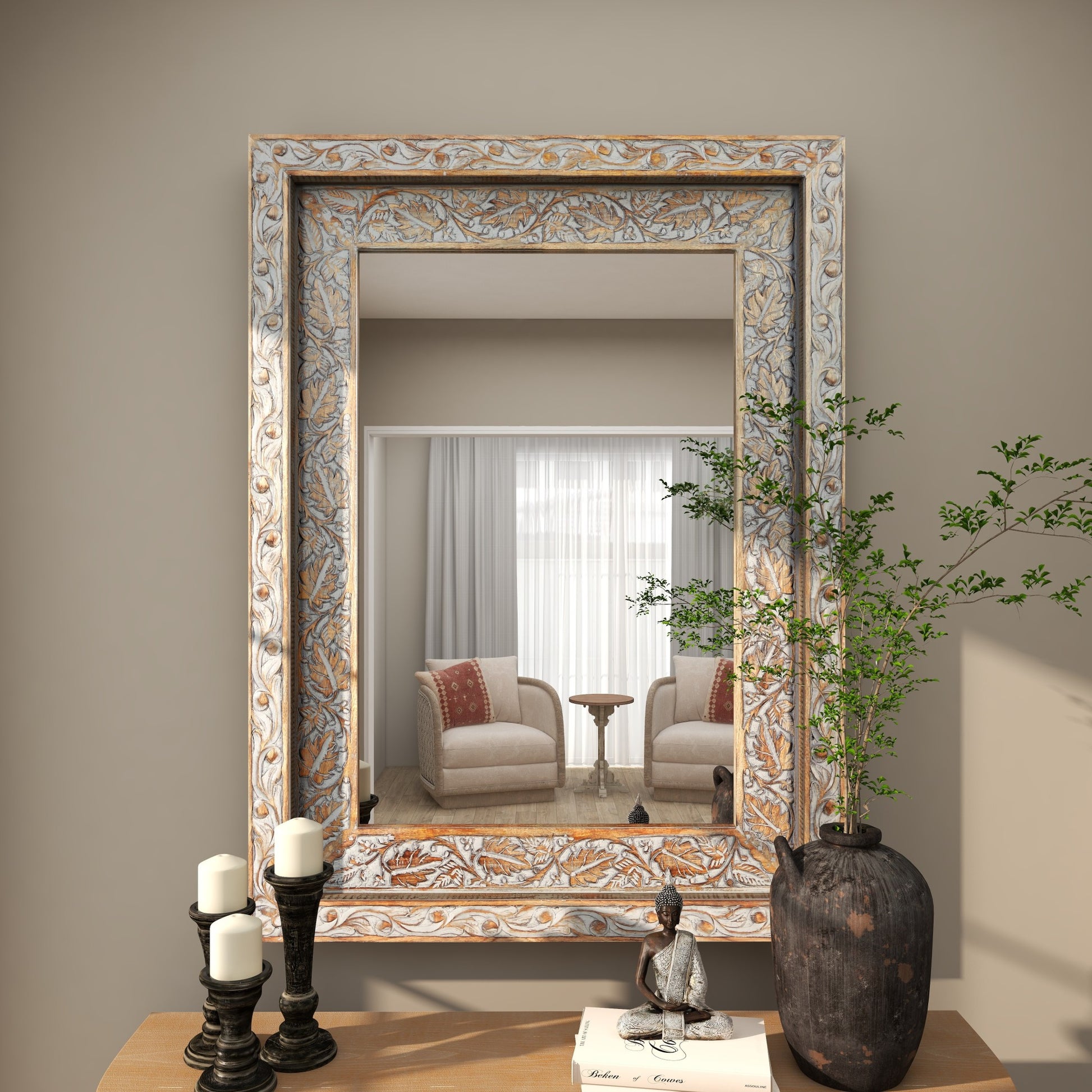 Floral Gray Wood Handmade Intricately Carved Room Wall Mirror