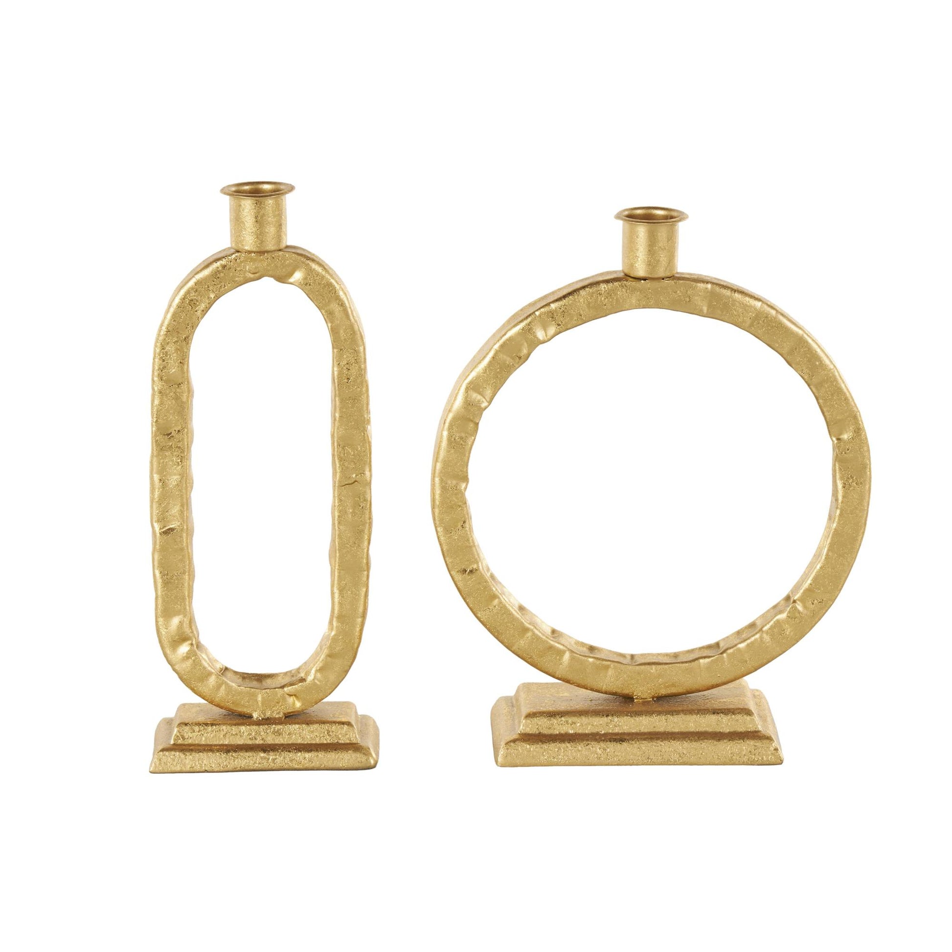 Set of 2 Gold Metal Tapered Decorative Candle Holder with Rectangle Base