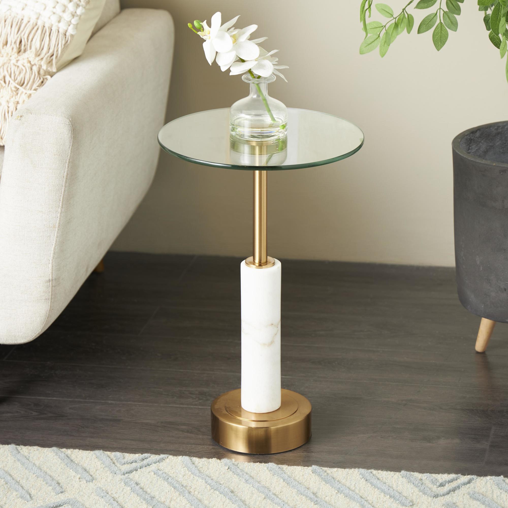 Marble Round Side End Accent Table with Silver Metal Rod and Base