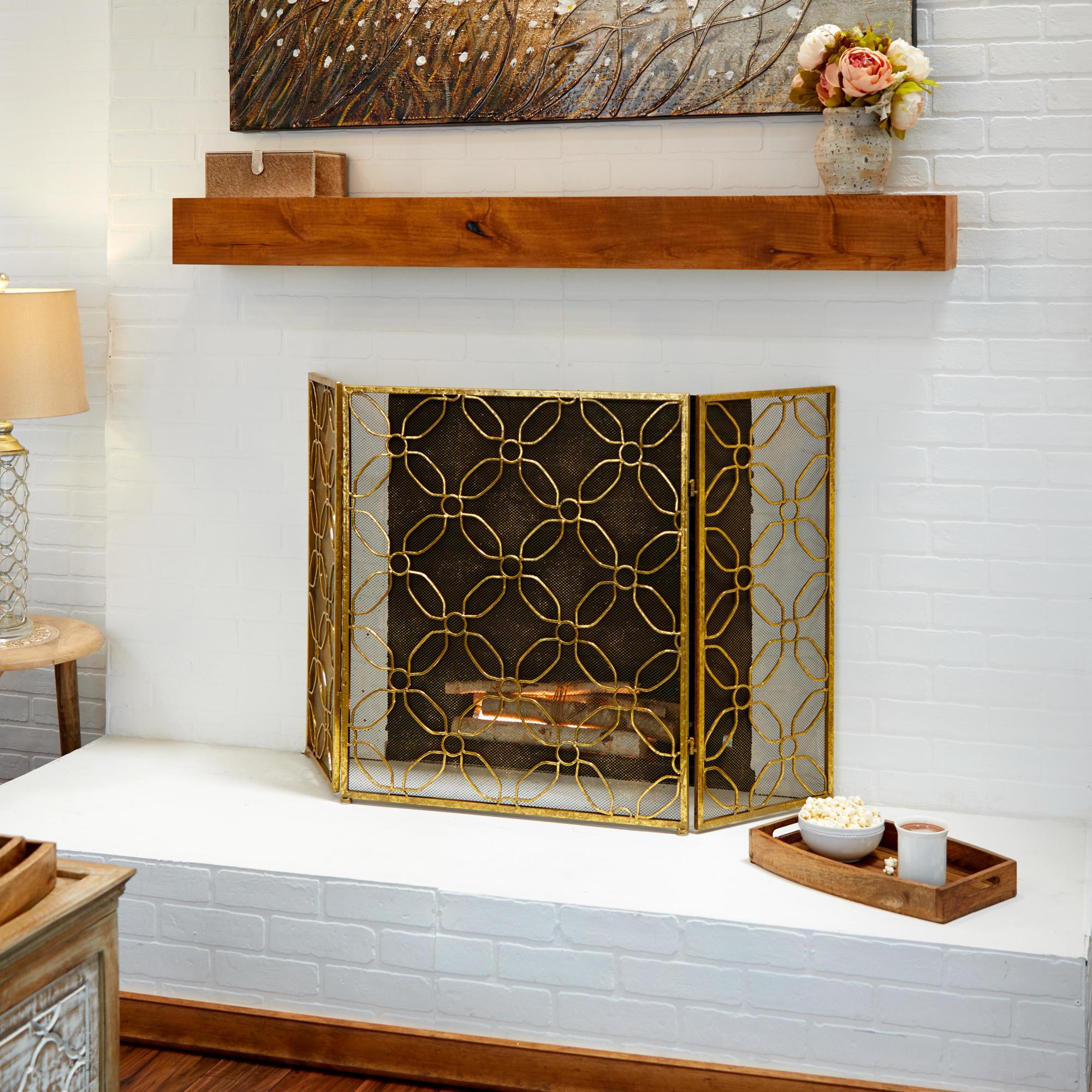 Geometric Gold Metal Foldable Mesh Netting 3 Panel Living Room Fireplace Screen
