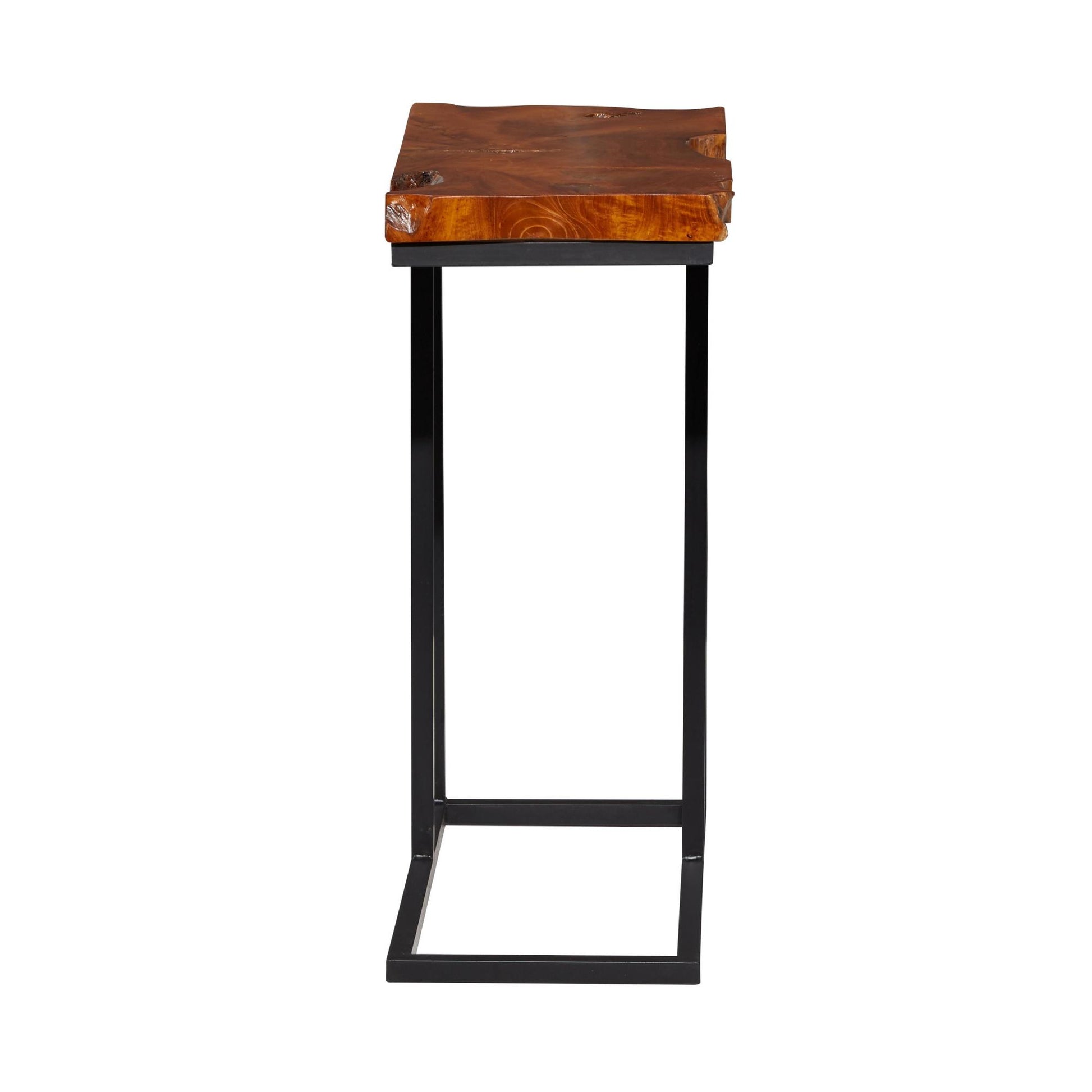 Brown Teak Wood Live Edge Top Side End Accent Table with Black Metal Base