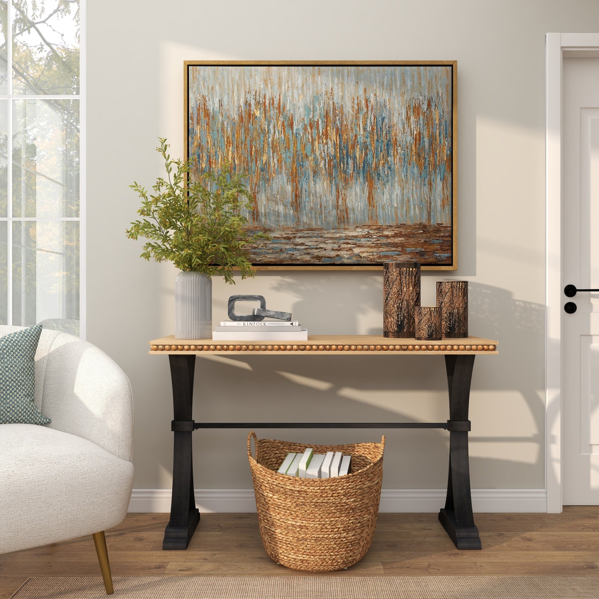 Tree Blue Canvas Abstract Living Room Framed Wall Art with Gold and Copper Accents