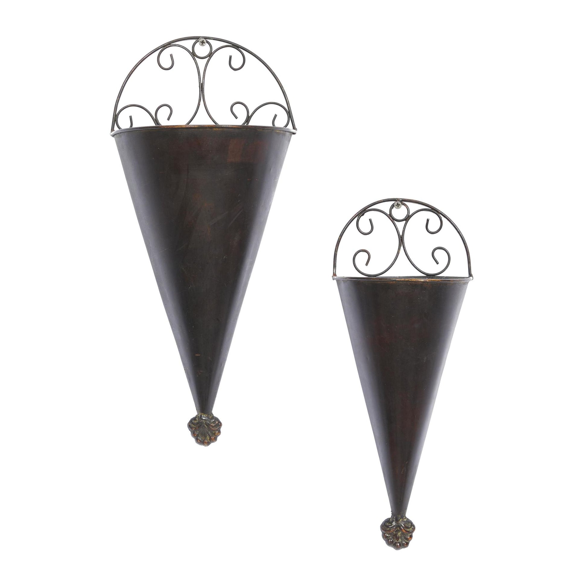 Set of 2 Scroll Black Metal Cone Indoor Outdoor Wall Planter