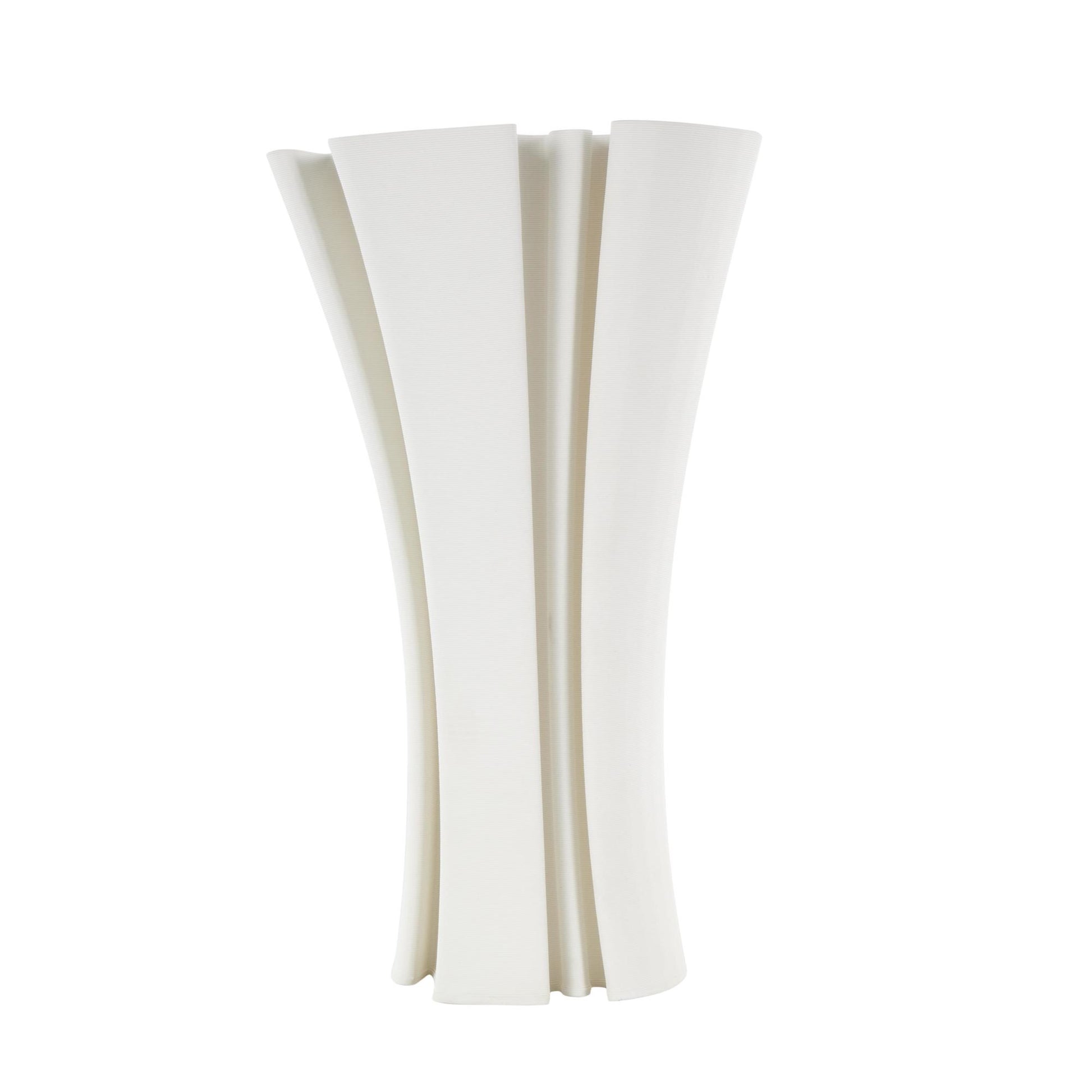 Abstract White Ceramic Ribbed Dimensional Folded Decorative Vase with Curvy Rim