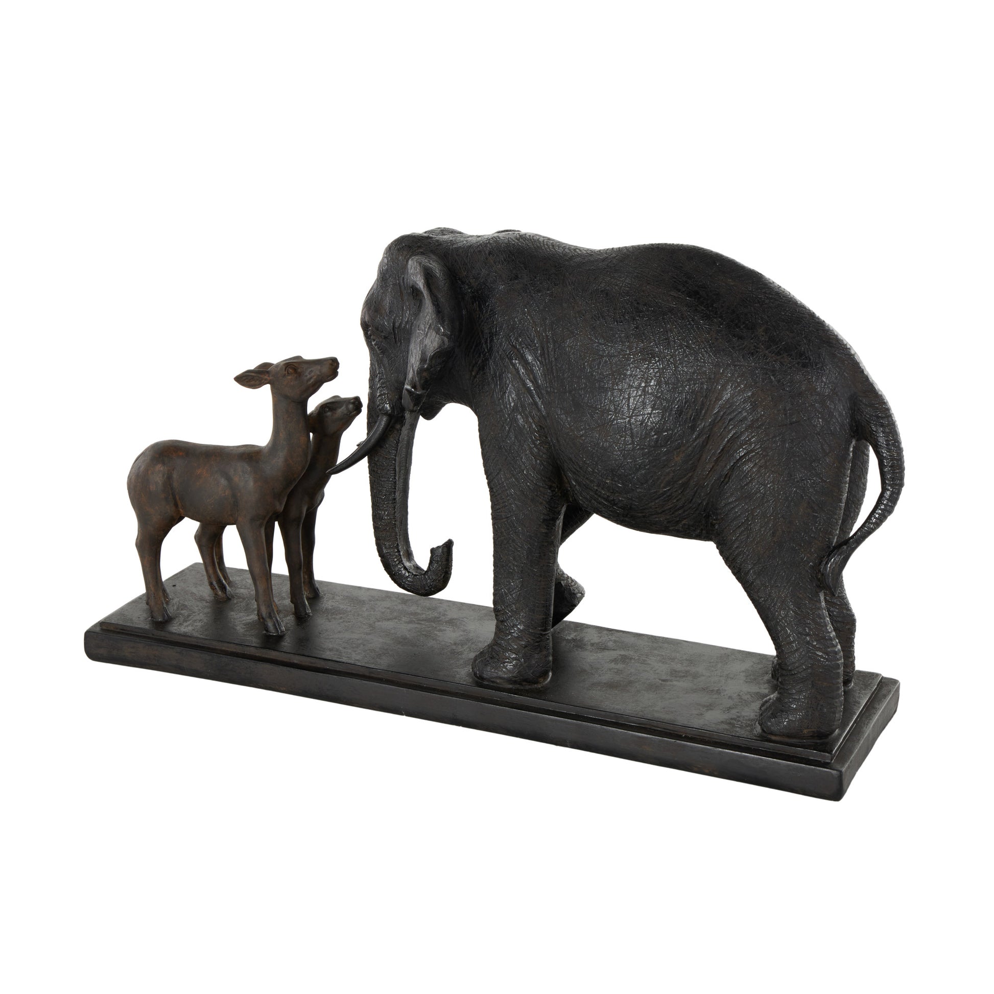 Elephant Black Resin Walking Decorative Sculpture with Dark Brown Deer