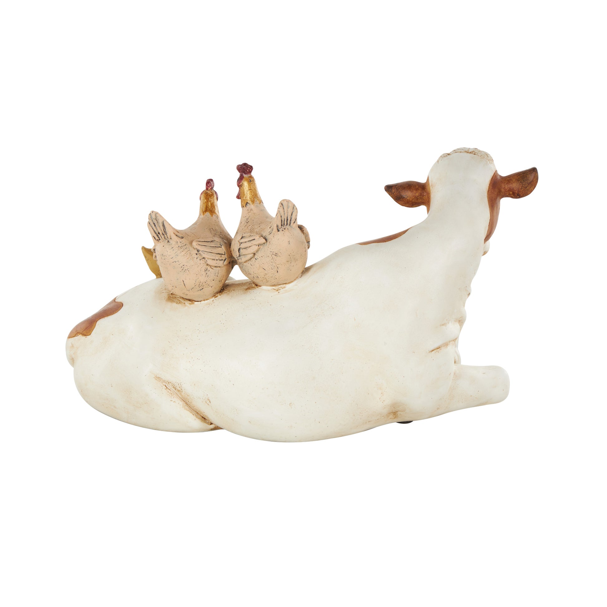 Cow Polystone Sleeping Decorative Sculpture with Sitting Roosters and Chicks 11" x 6" x 6"