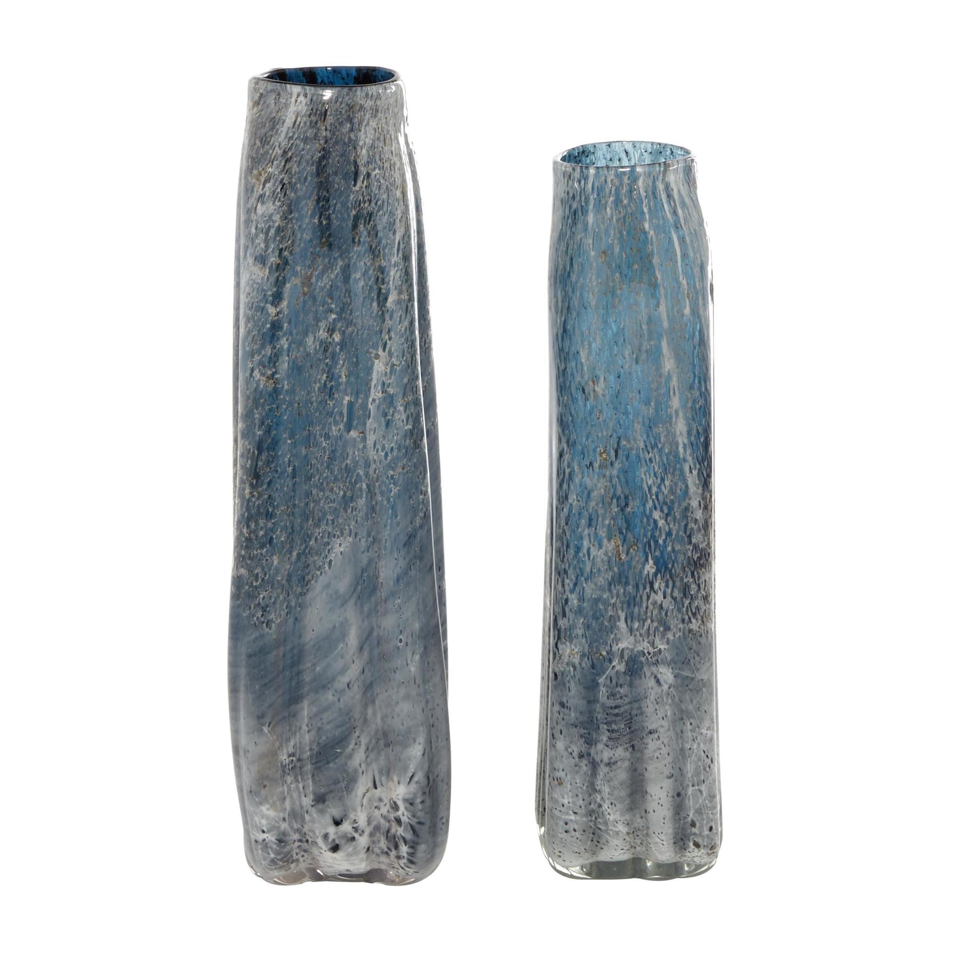 Set of 2 Abstract Blue Glass Handmade Blown Decorative Vase