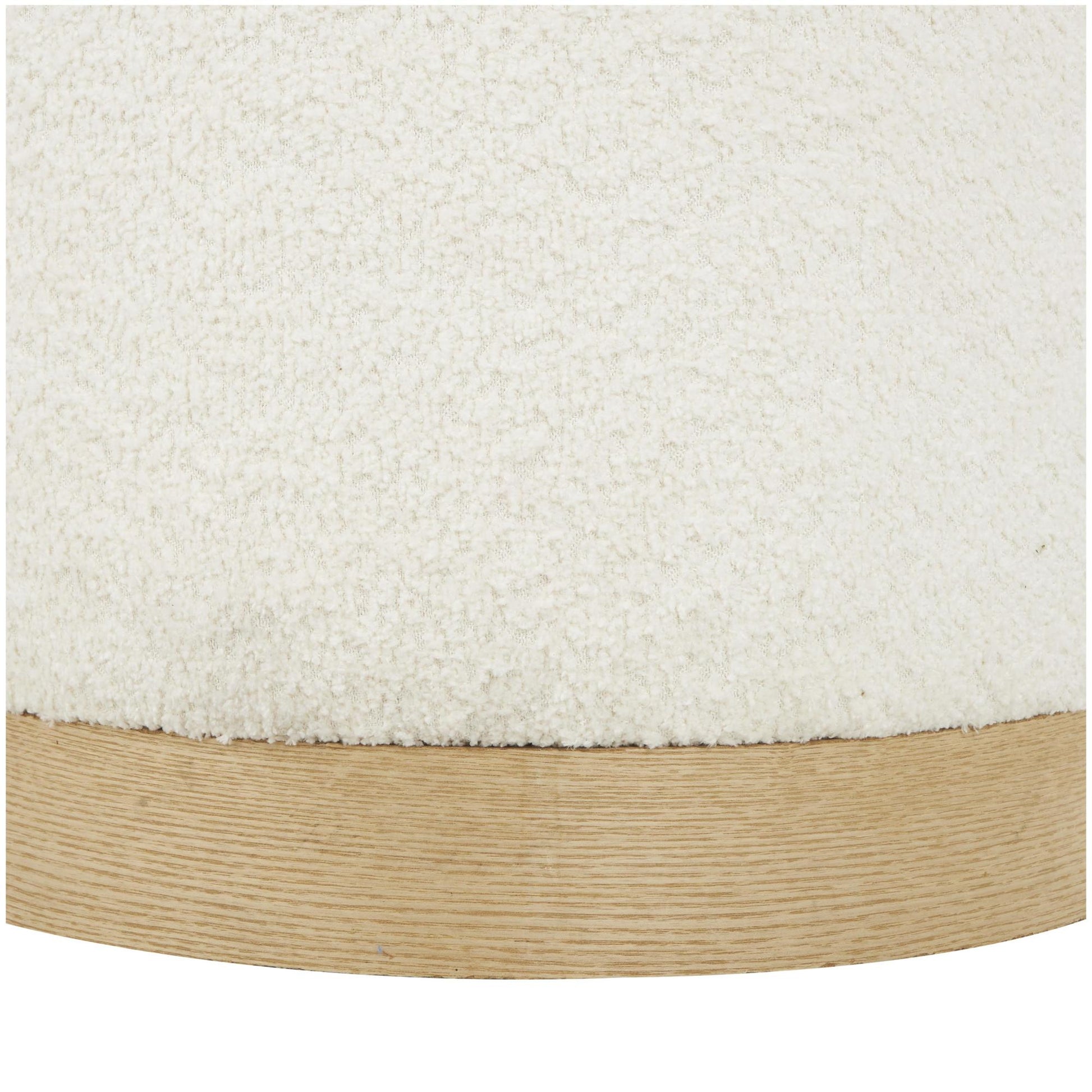 Geometric White Polyester Boucle Living Room Stool with Brown Wooden Base