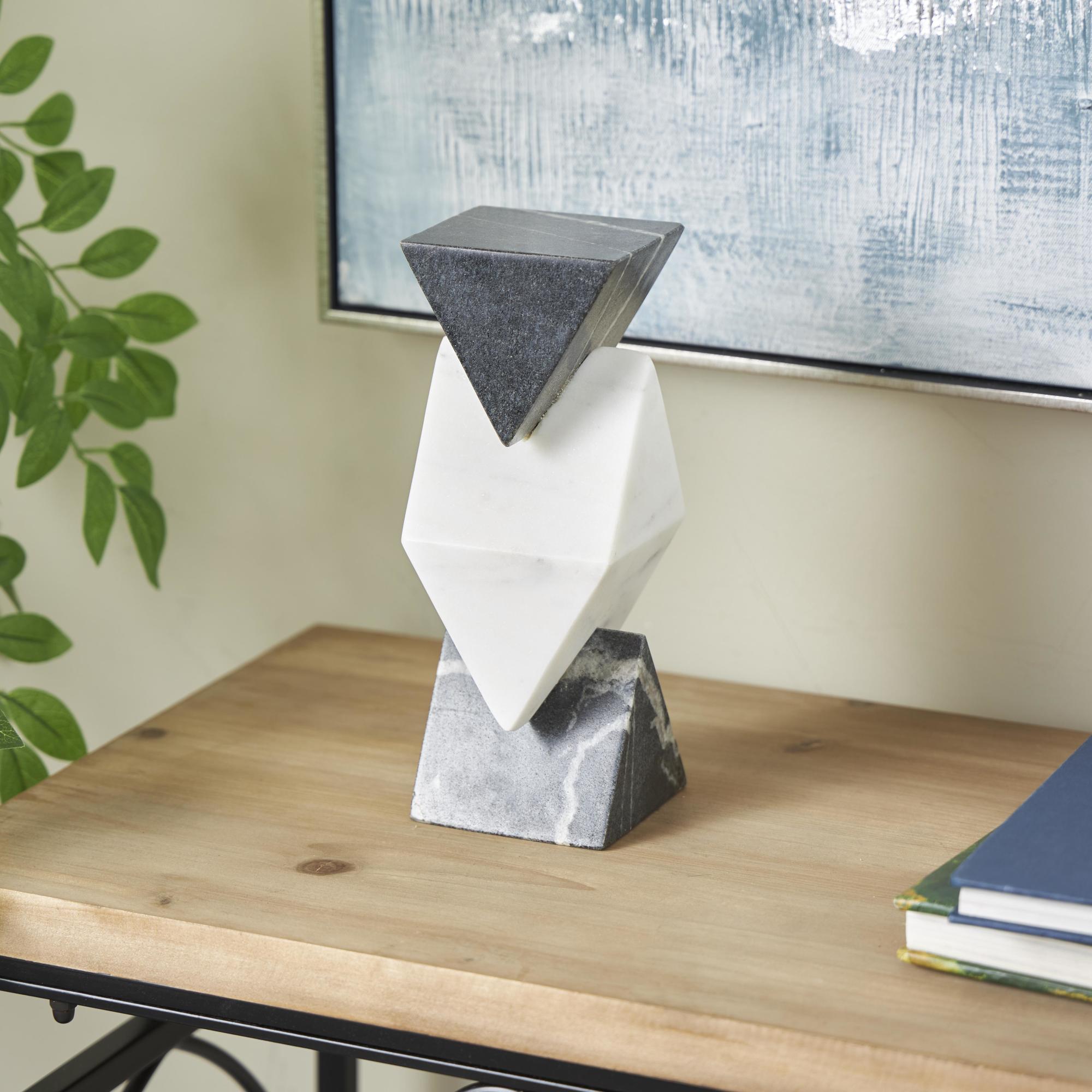 Geometric White Marble Stacked Pyramid Decorative Sculpture with White Diamond Center