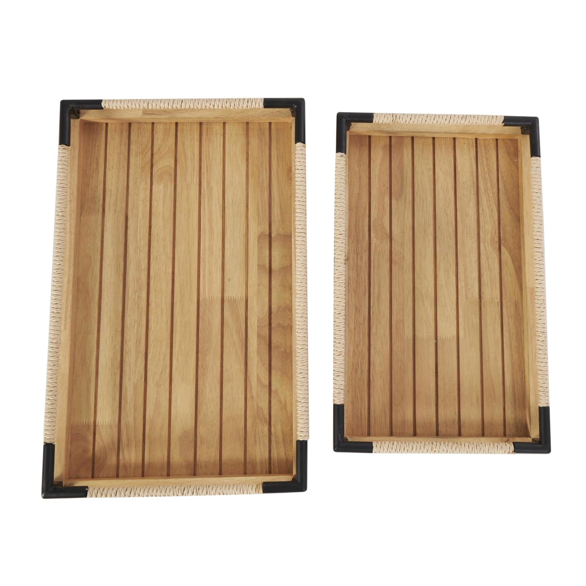 Set of 2 Brown Wood Slatted Living Room Decor Tray with Elevated Woven Sides and Black Metal Corners