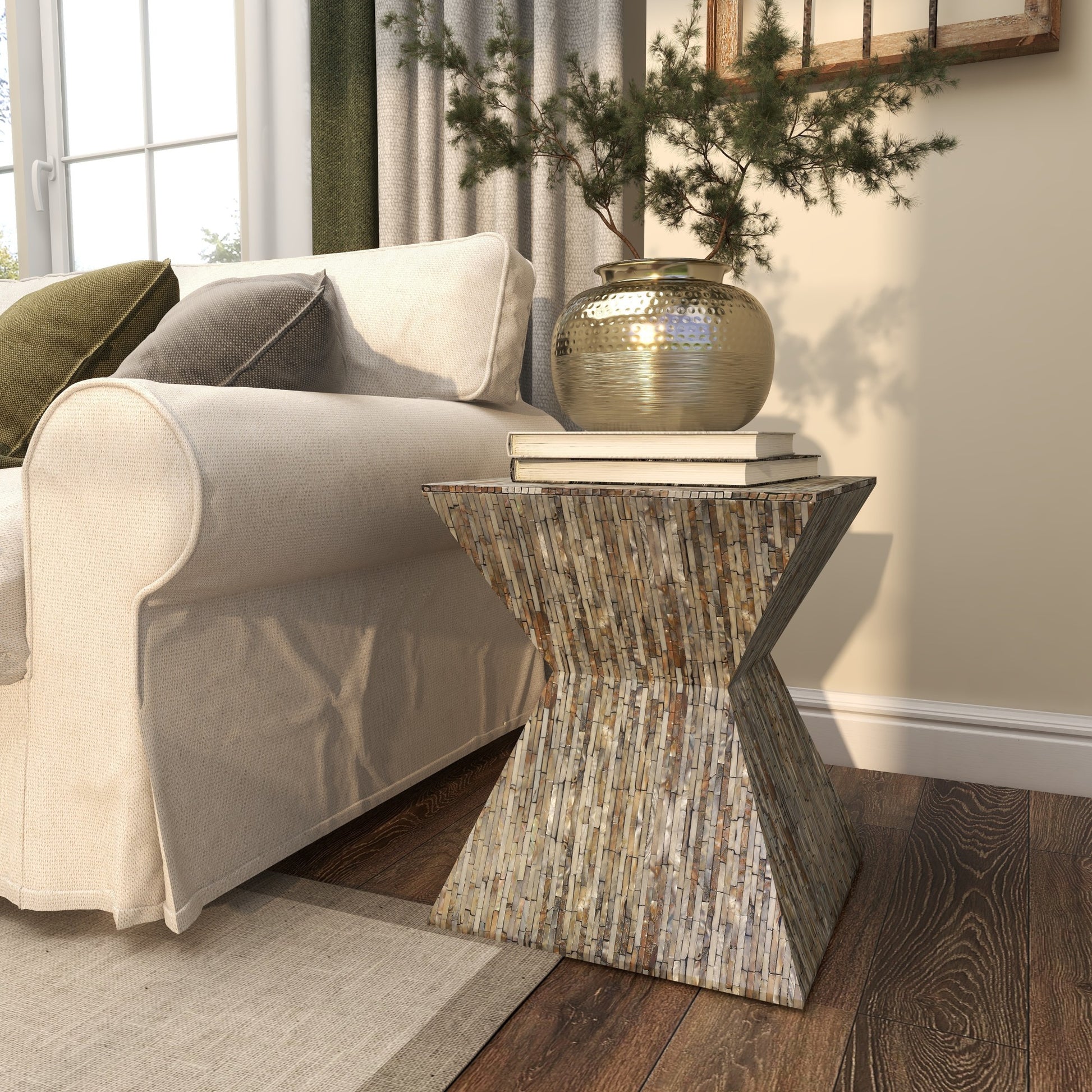 Mother of Pearl Shell Handmade Hourglass Shaped Side End Accent Table
