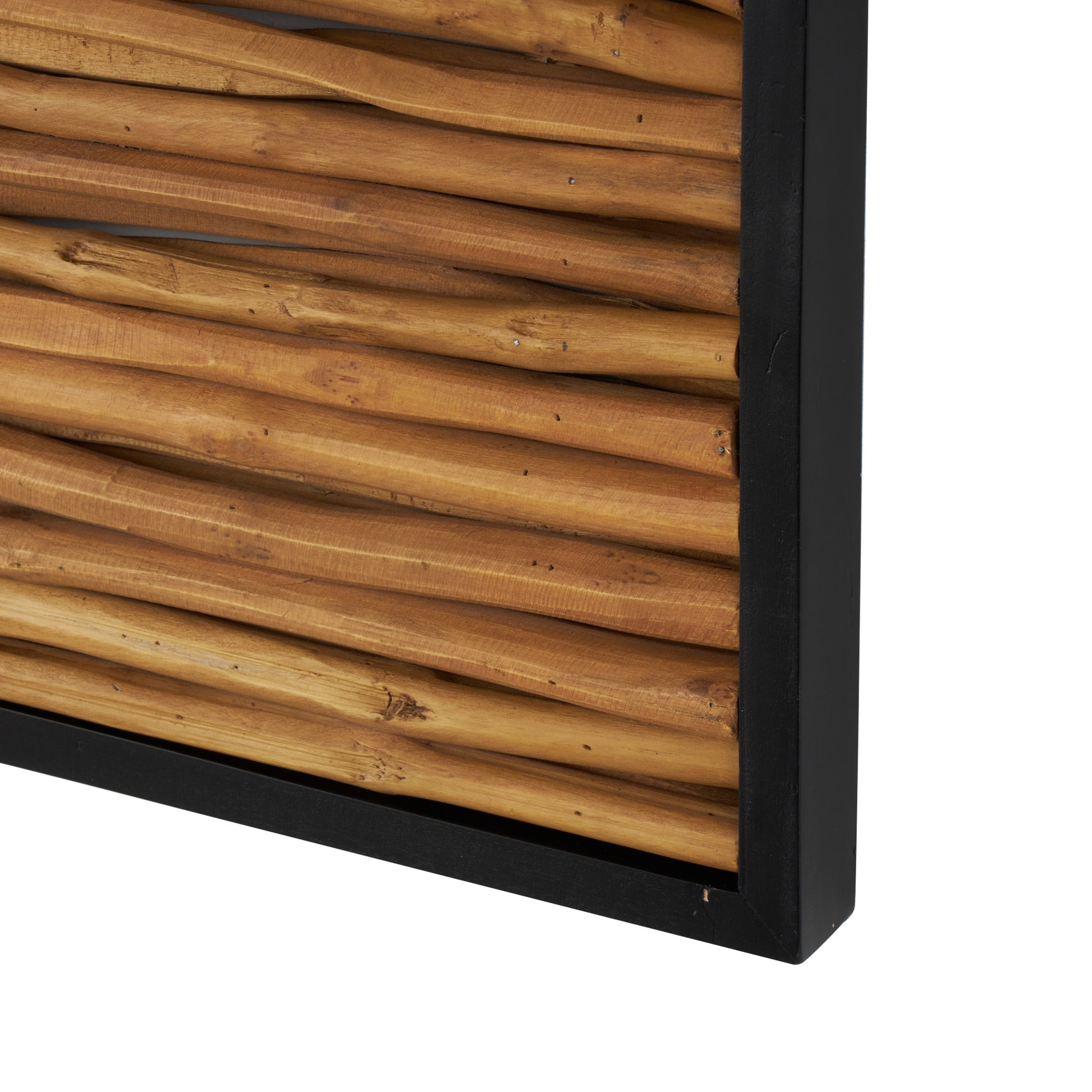 Set of 4 Abstract Brown Teak Wood Handmade Home Wall Decor with Horizontal Sticks and Black Frames