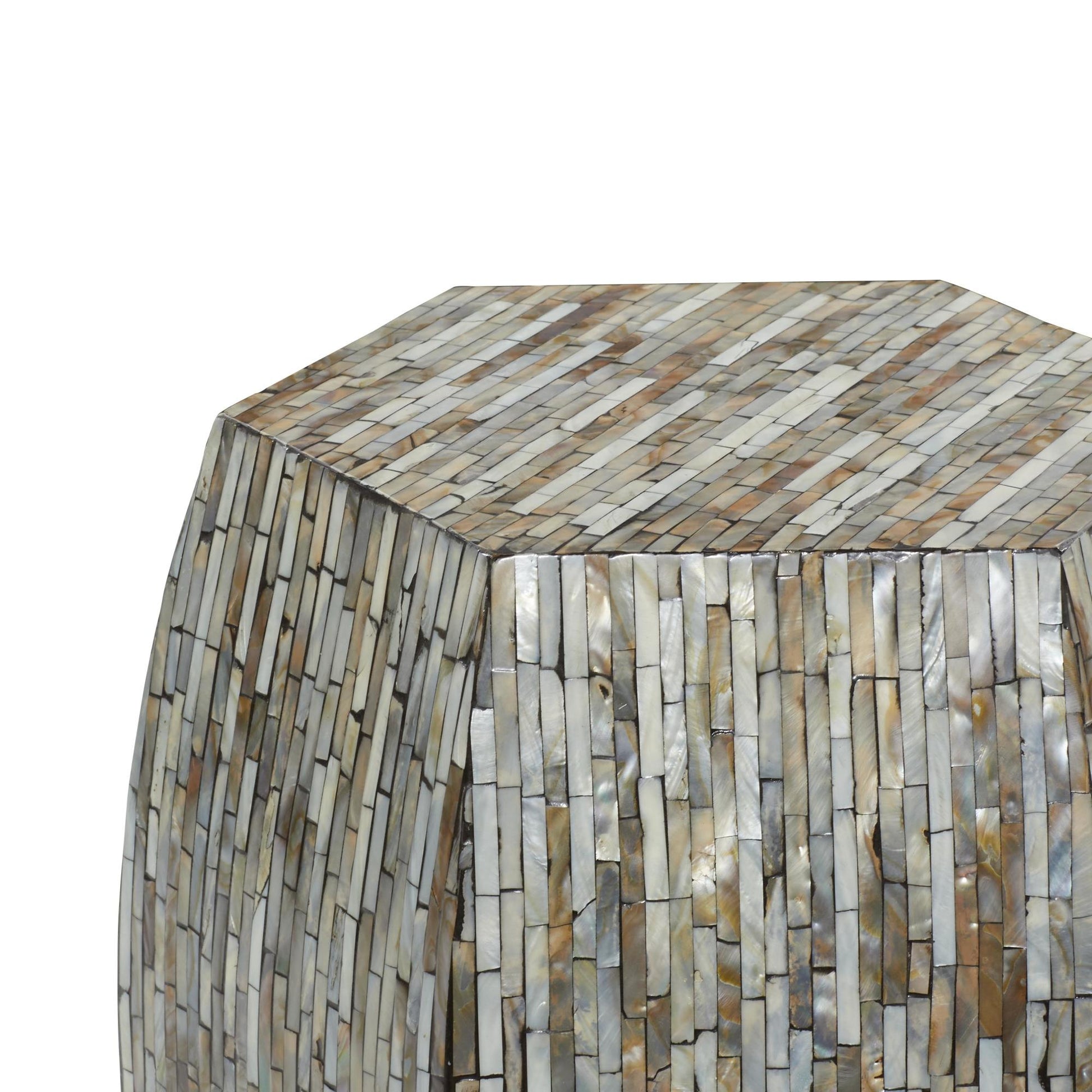 Geometric Gray Mother of Pearl Shell Handmade Shell Mosaic Hexagon Side End Accent Table with Brown Accents
