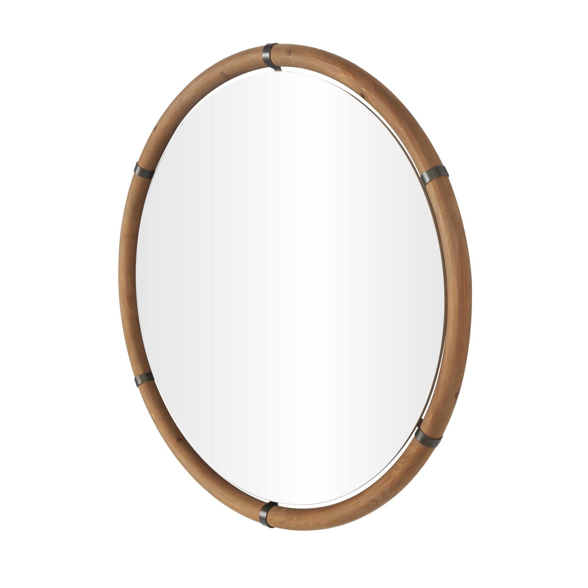 Brown Wood Round Room Wall Mirror with Brass Metal Support