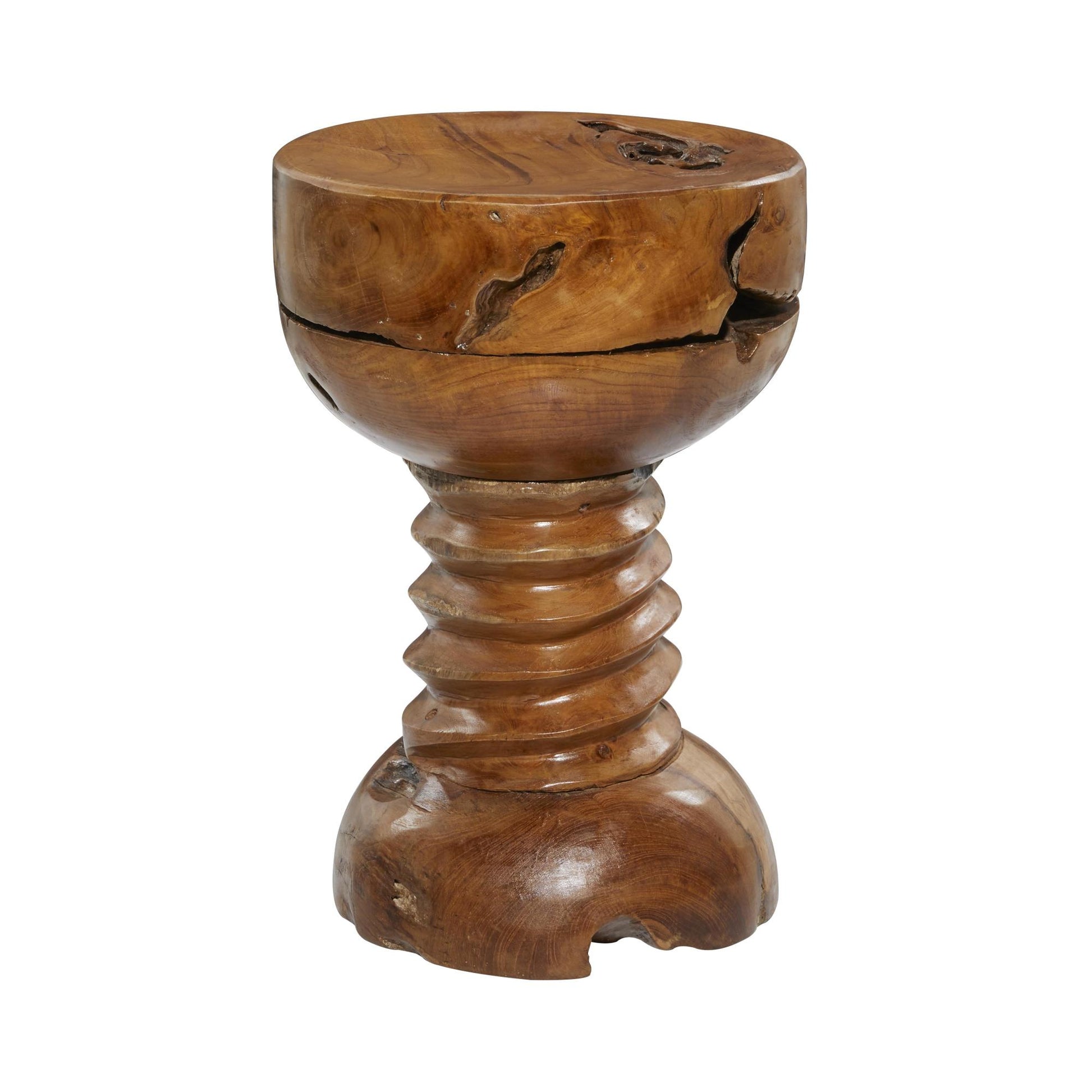 Brown Teak Wood Handmade Live Edge Side End Accent Table with Coiled Base