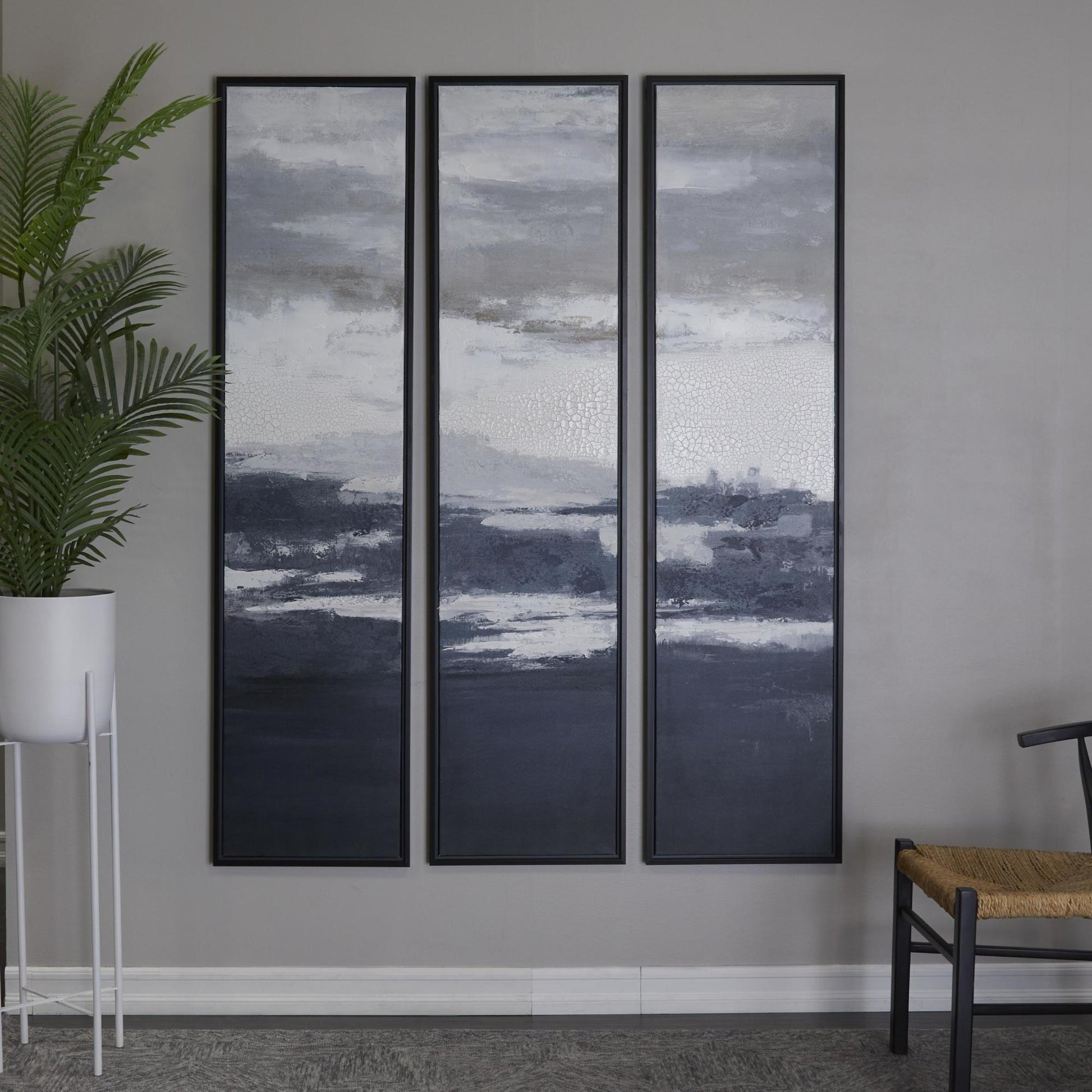 Set of 3 Landscape Dark Blue Canvas Abstract Textured Panel Living Room Framed Wall Art with Black Frames