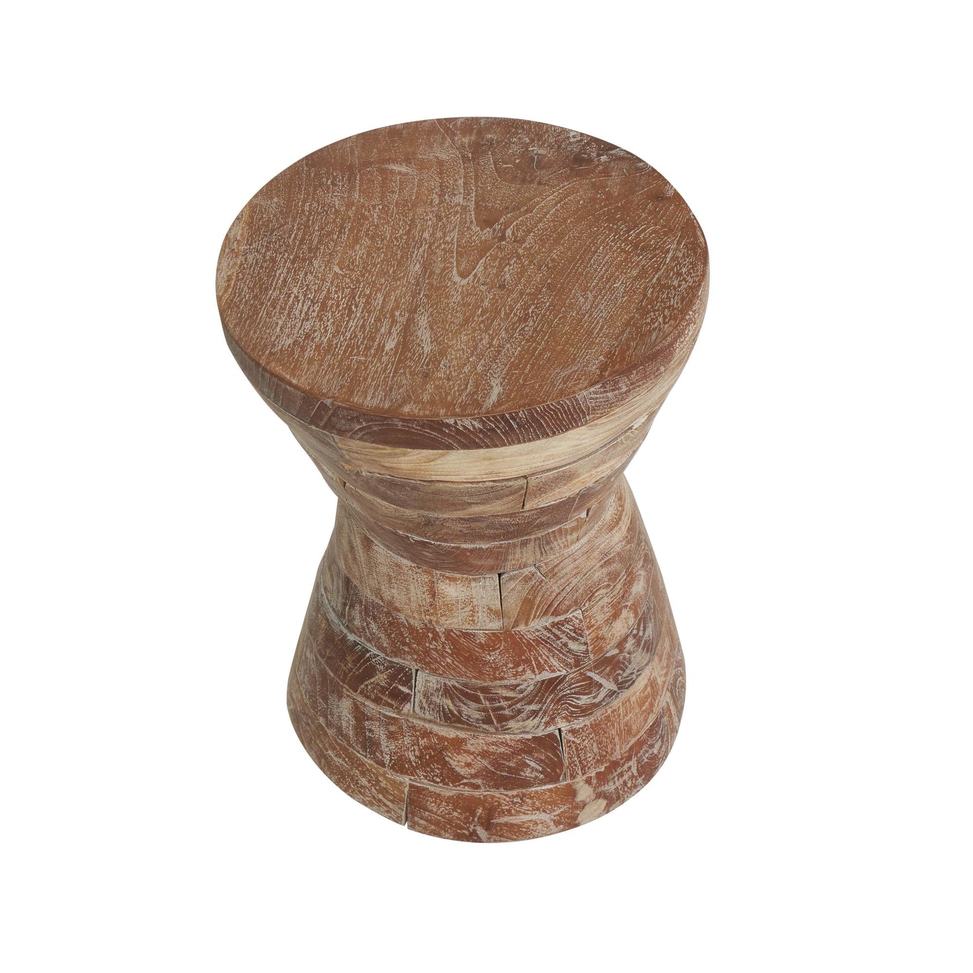 Geometric Teak Wood Handmade Hourglass Side End Accent Table with Stacked Wood Pieces