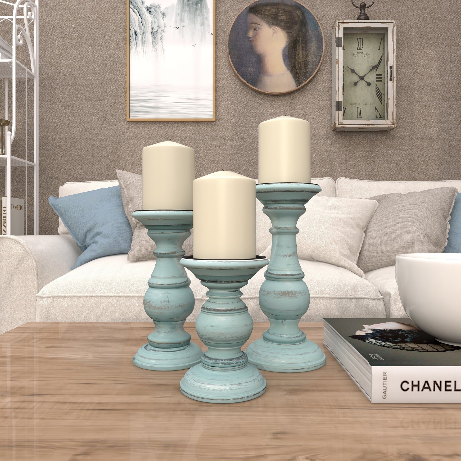 Set of 3 Mango Wood Distressed Turned Pillar Decorative Candle Holder