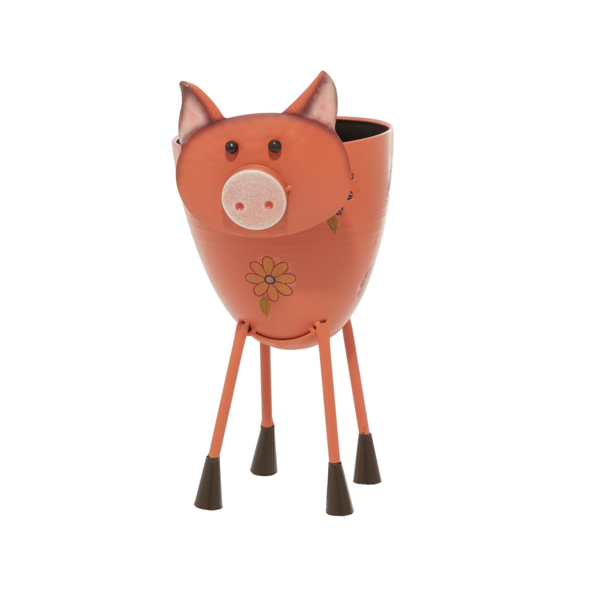 Pig Pink Metal Indoor Outdoor Planter with Floral Accents
