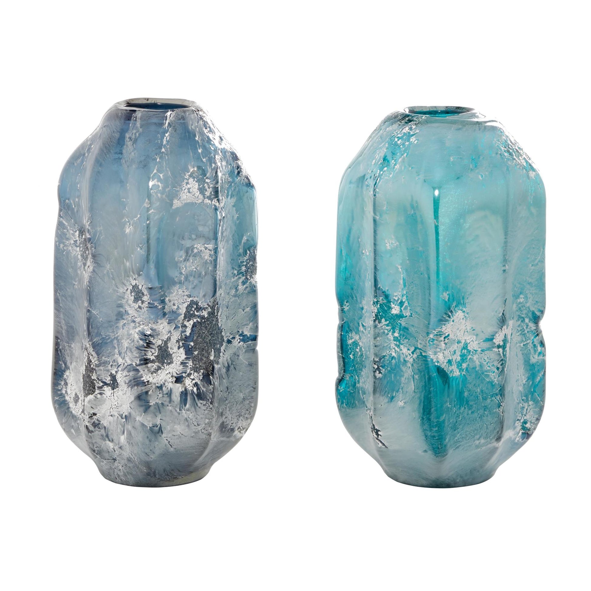 Set of 2 Blue Glass Handmade Blown Decorative Vase
